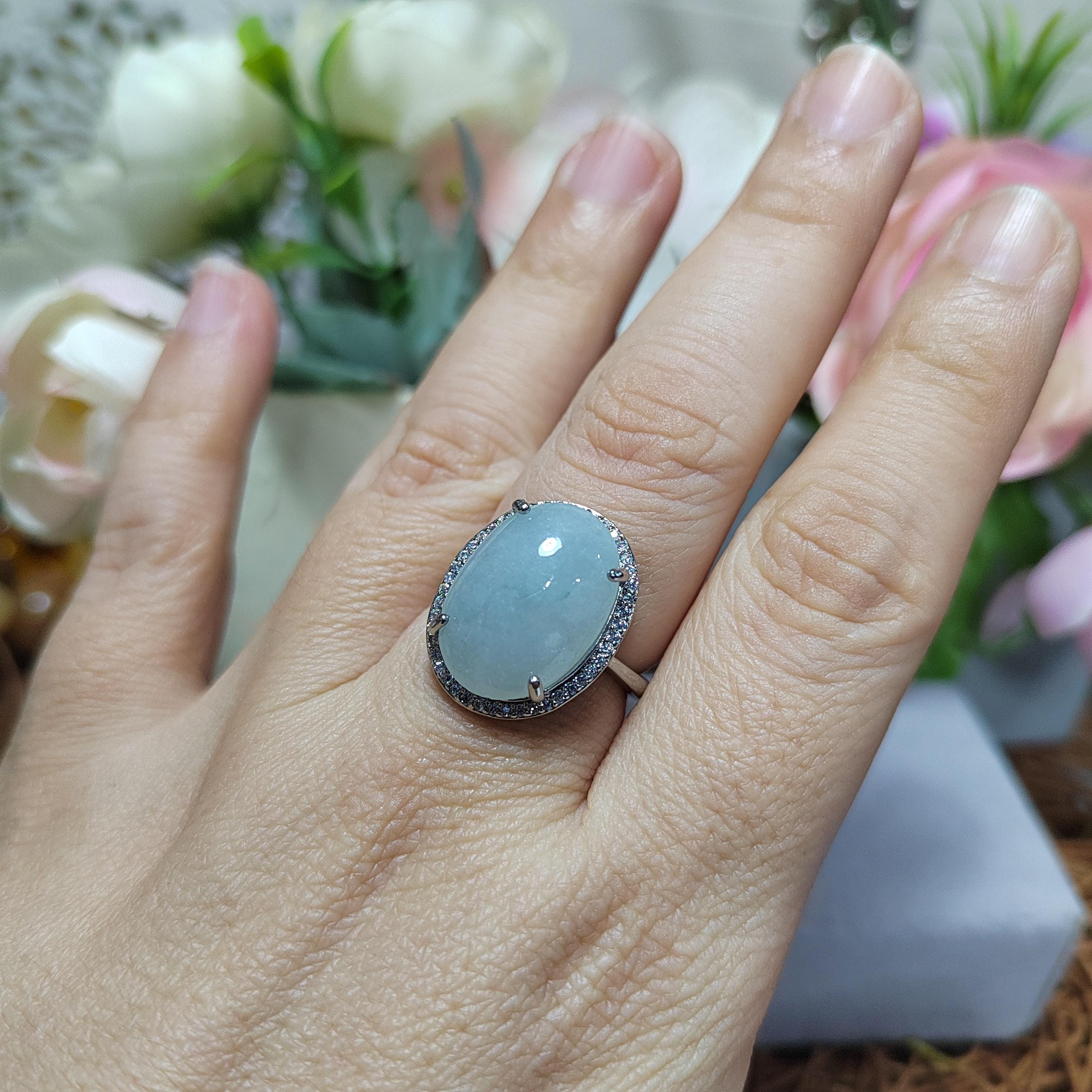 Burmese A-Grade Natural White Icy Blue Jadeite Ring | Floral Zirconia Adjustable SL085