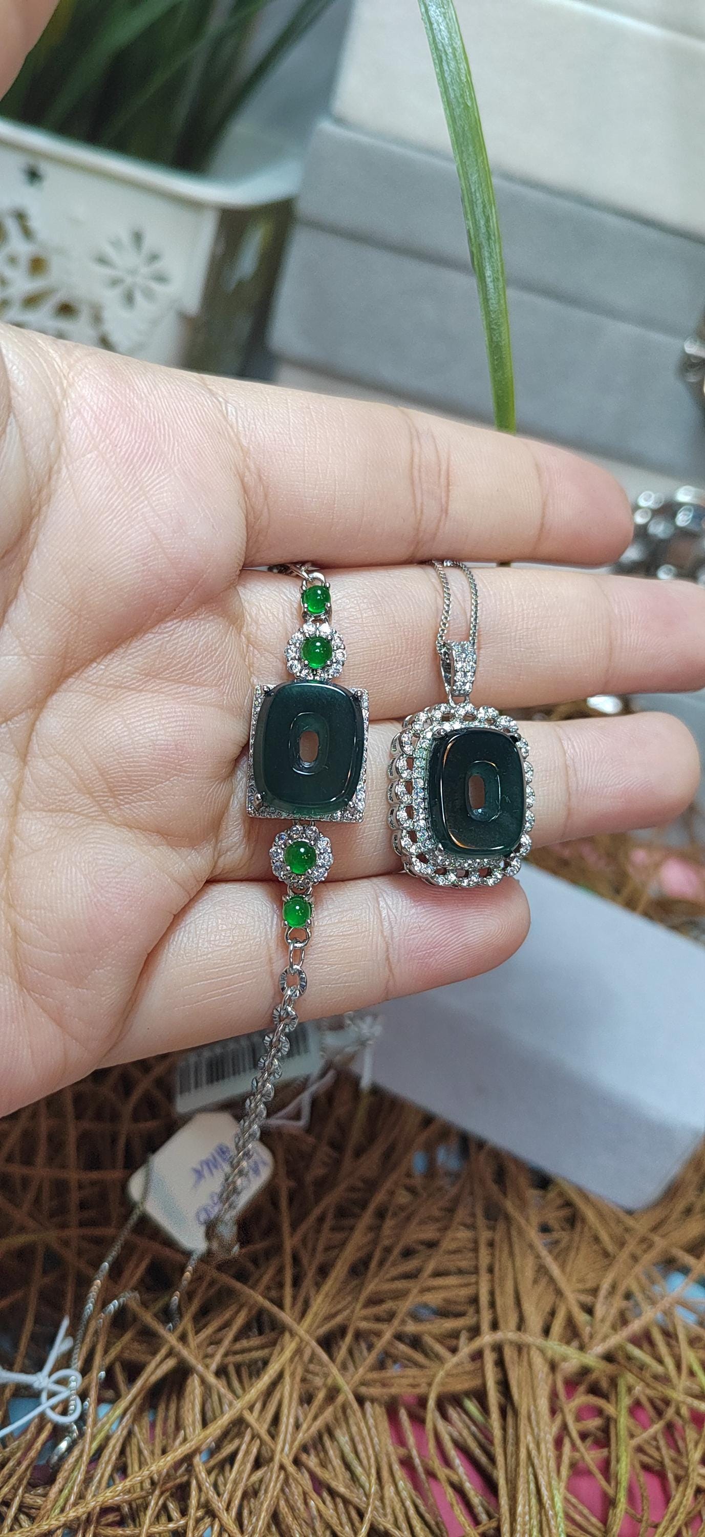 2pcs Set Square Natural Guatemala Bluish Green Bracelet Necklace 4 Imperial Green Jadeite Pendant Gemstone 925 18k Plated 老蓝水 SL053 - SL Precious