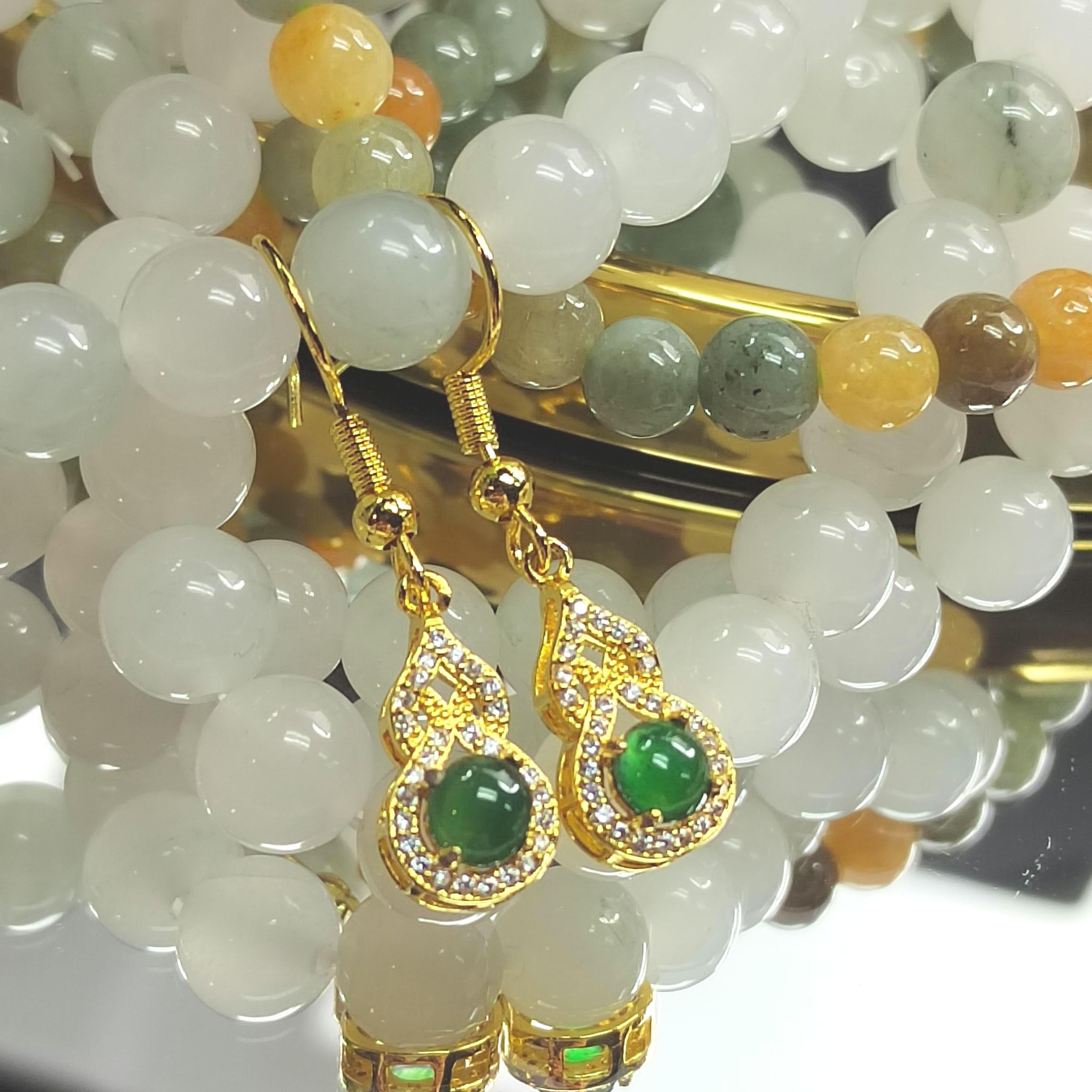 Natural Guatemala Imperial Green Hulu Jadeite Earrings | Zirconia Accents | 925 Sterling Silver Plated with Yellow Gold Earring SL052 - SL Precious