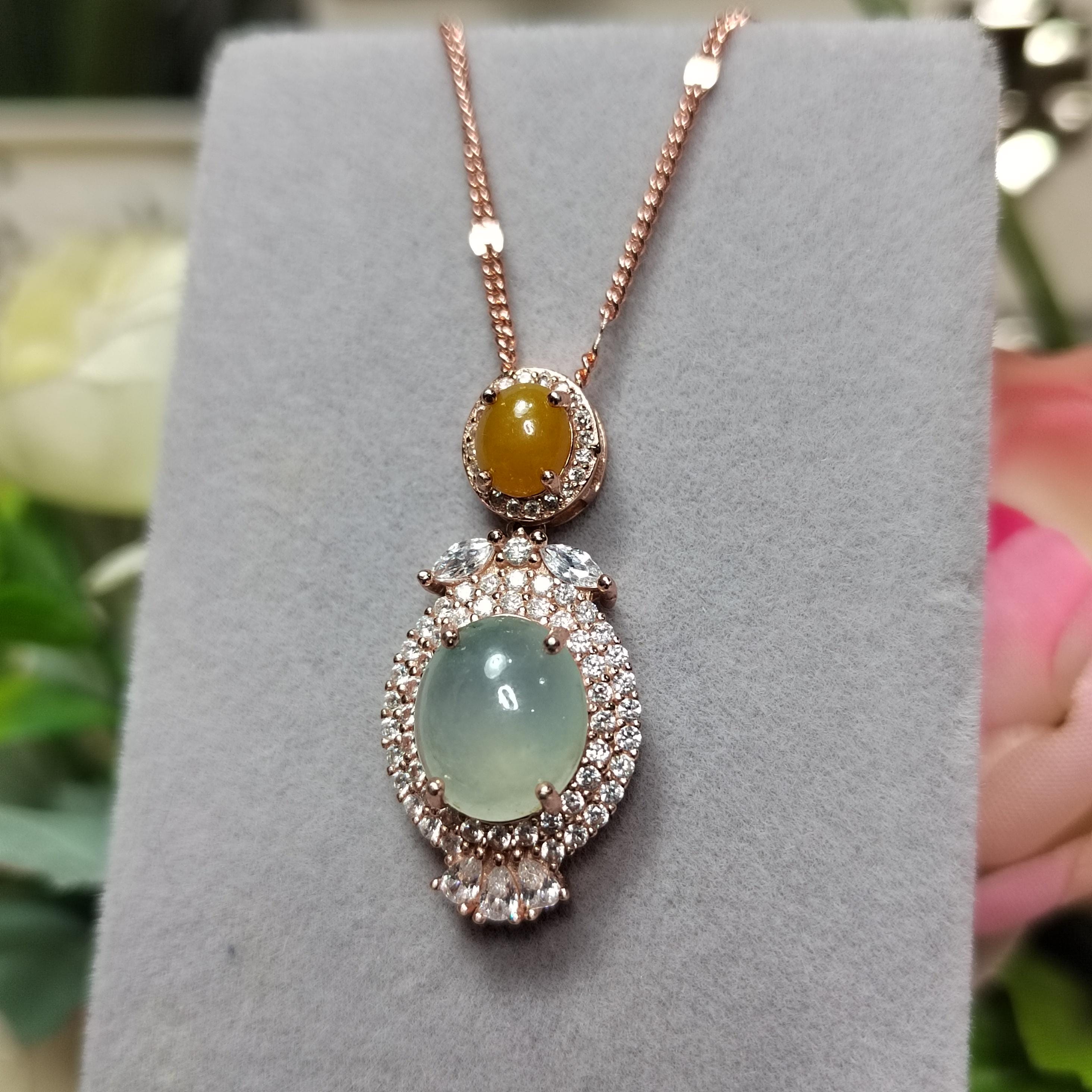 A Grade Women Natural Gemstone Untreated Burmese Yellow & Icy White Jadeite Pendant 925 Sterling Silver with 18k Rose Gold Plated SL094