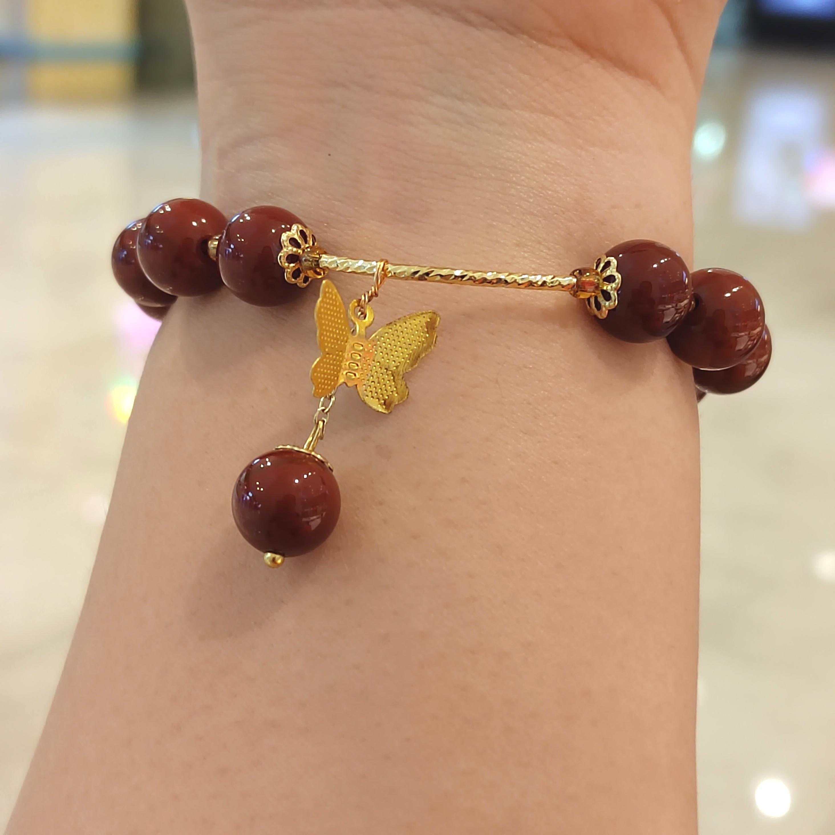 Elegant Certified Natural Ox Blood Southern Nanhong Agate 14k Plated Bead Bracelet - Gifts for Her SL324