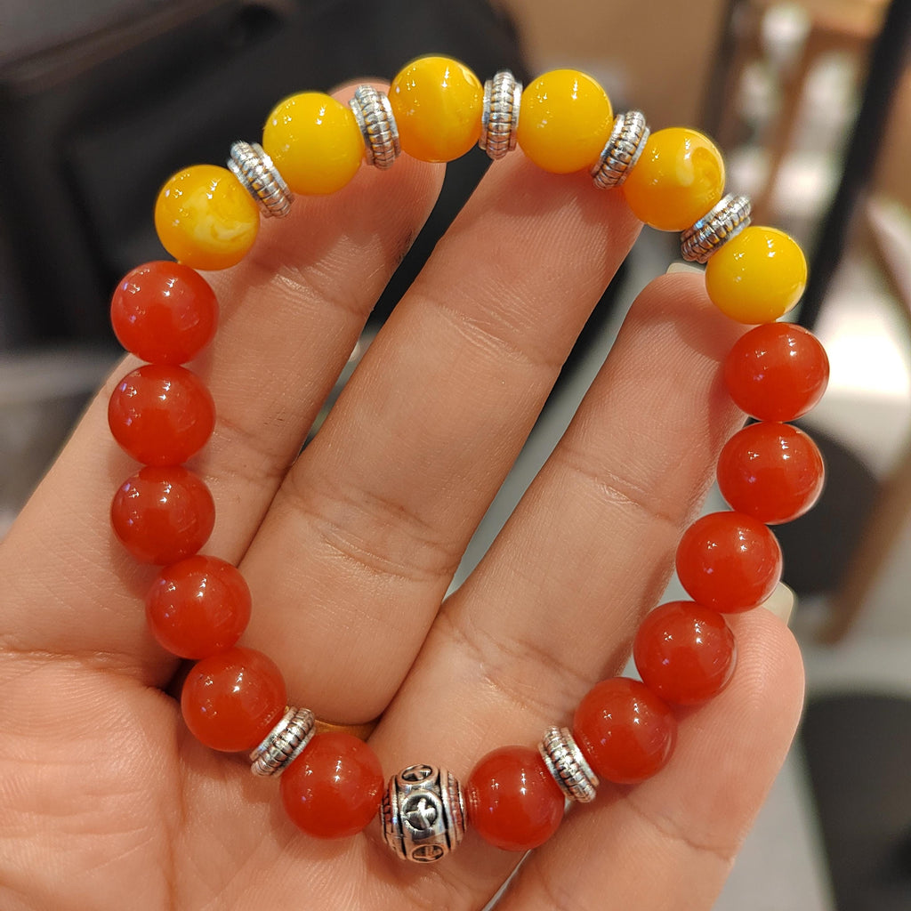Natural Handmade Russian Baltic Beeswax Amber & Sichuan Baoshan Nanhong Agate S999 Spacer Beads Bracelet Gifts SL325 - SL Precious