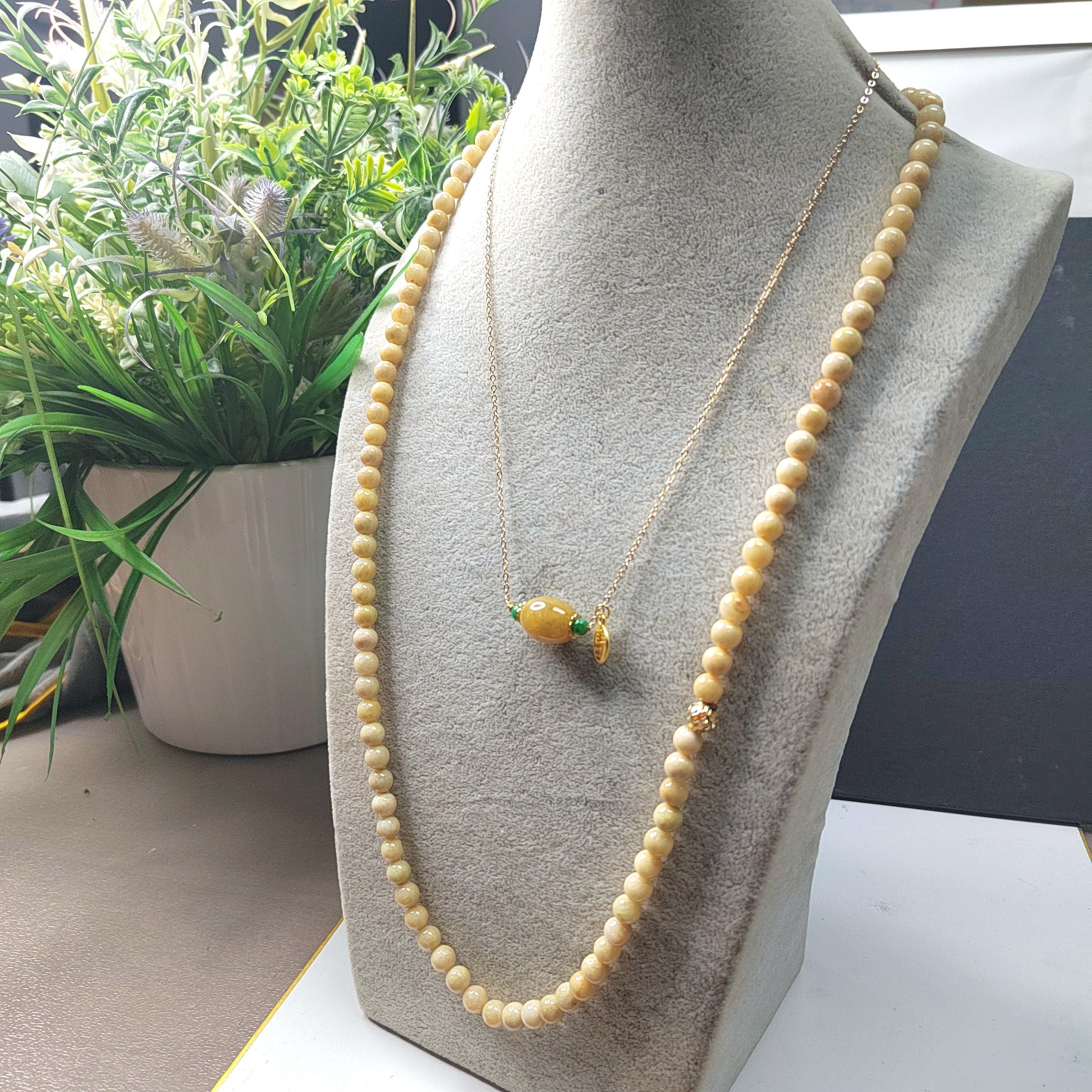 Certified A-Grade Natural Untreated Burmese Creamy Yellow Beads 77cm Long Jadeite Necklaces 7mm SL365A