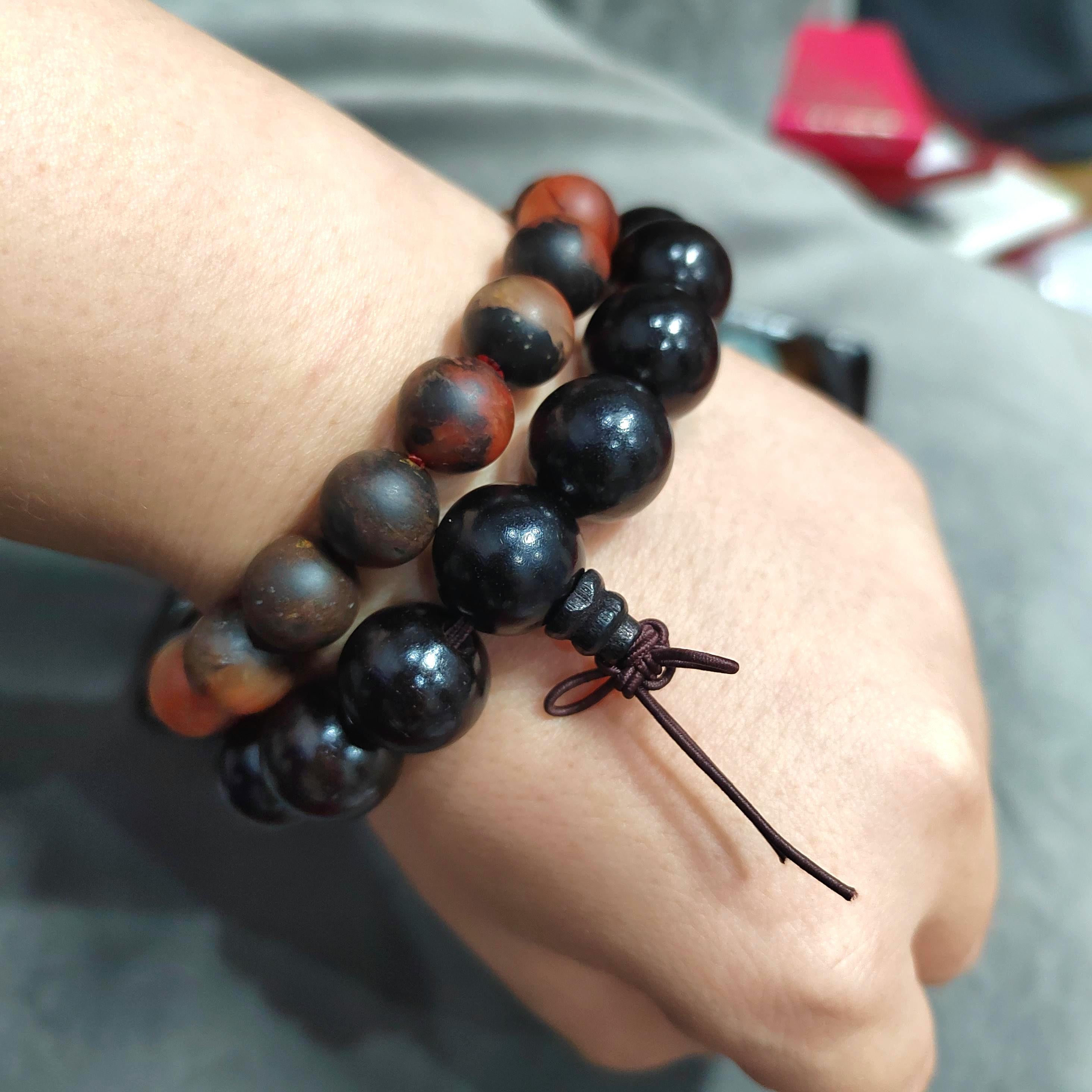 Ebony Wood Bead Bracelet Set with Certified Baoshan Nanhong Agate Matte 11.5mm | 2pcs Natural Bracelets 15mm & 11.5mm SL379