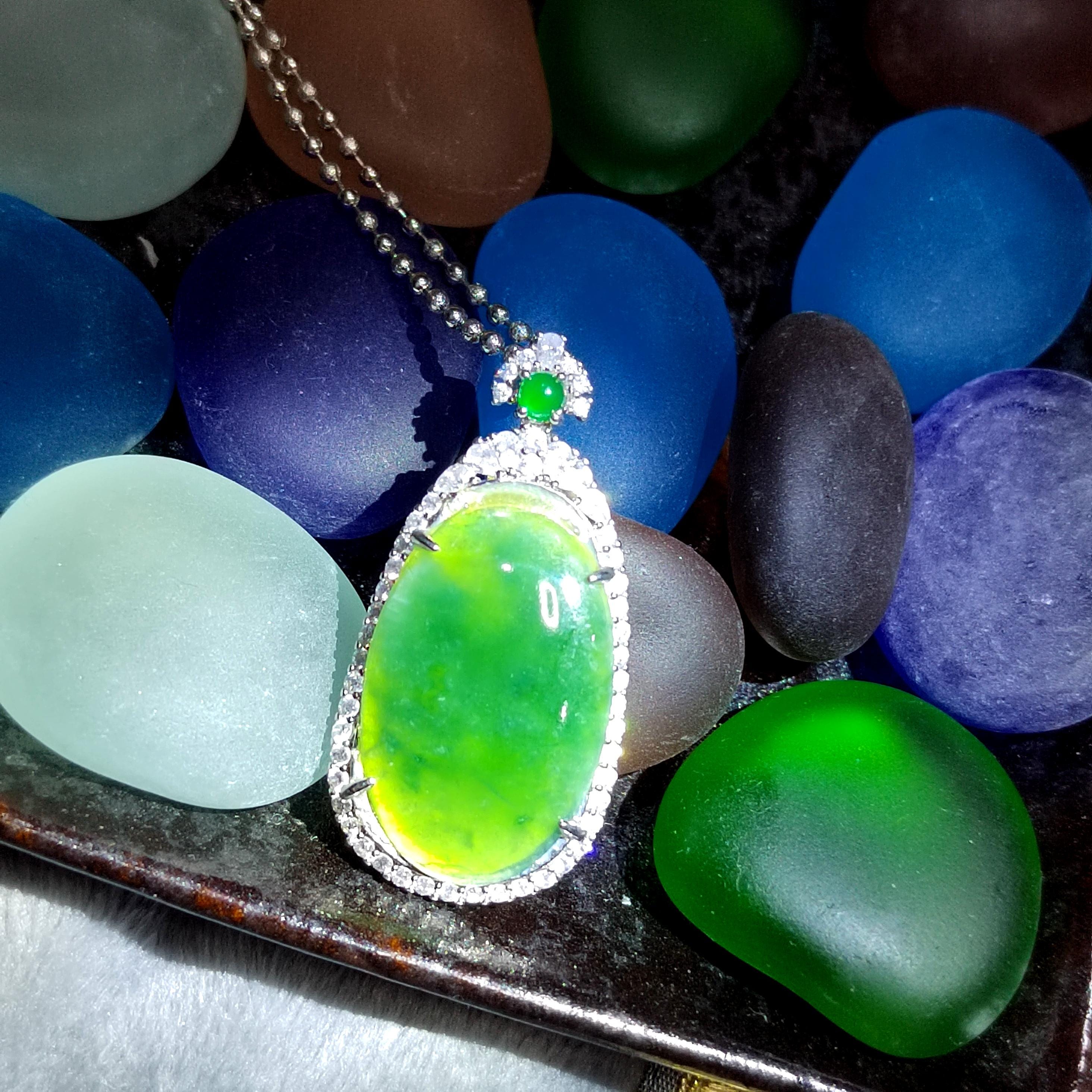 Certified Natural Burmese Necklace Dark Apple Green Jadeite with Zirconia Accents On 925 Silver Plated with 18K White Gold SL062 - SL Precious