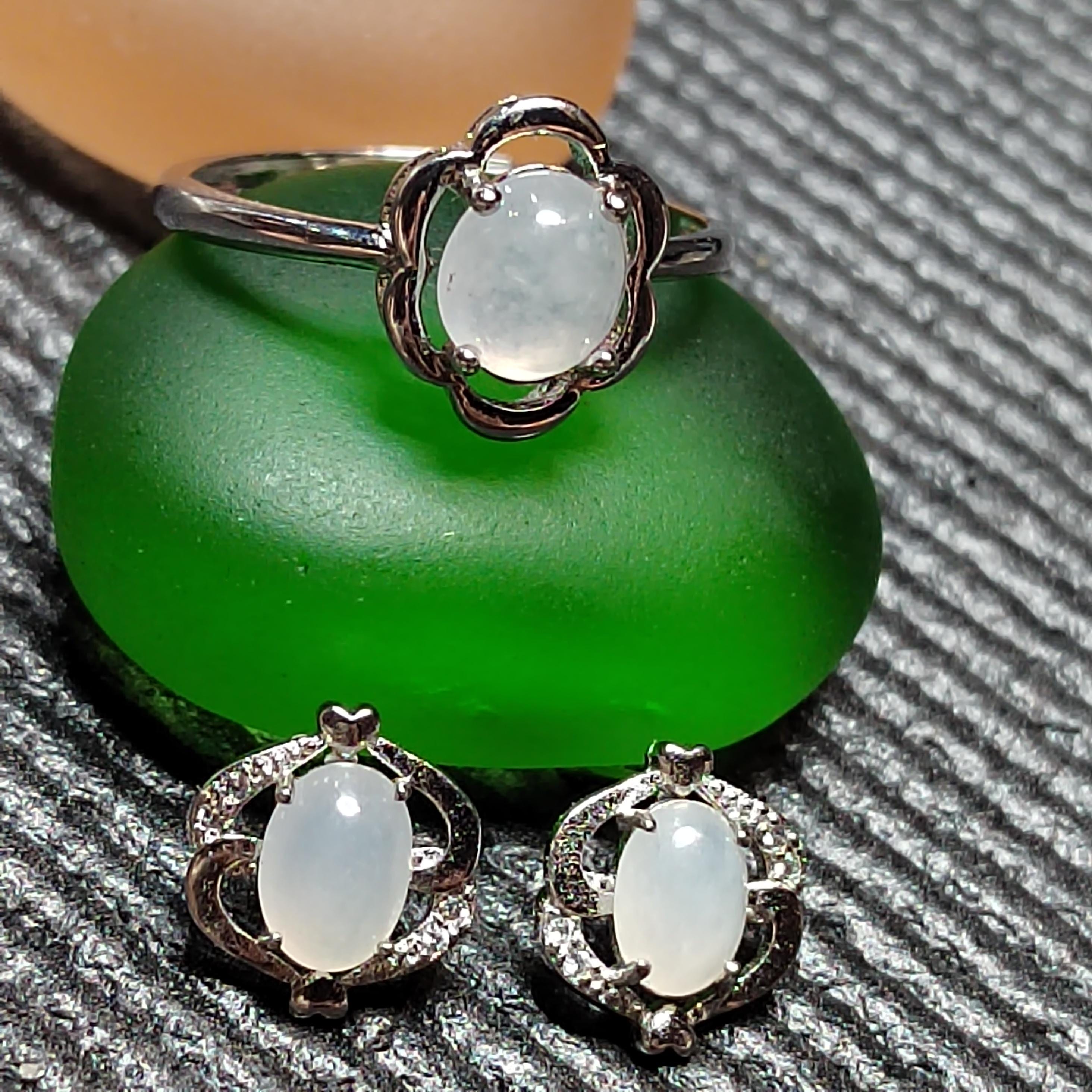 Minimalist Natural Burmese Icy White Jadeite Ring & Earrings | S925 Sterling Silver | Pure Type A Jade Set SL412 - SL Precious