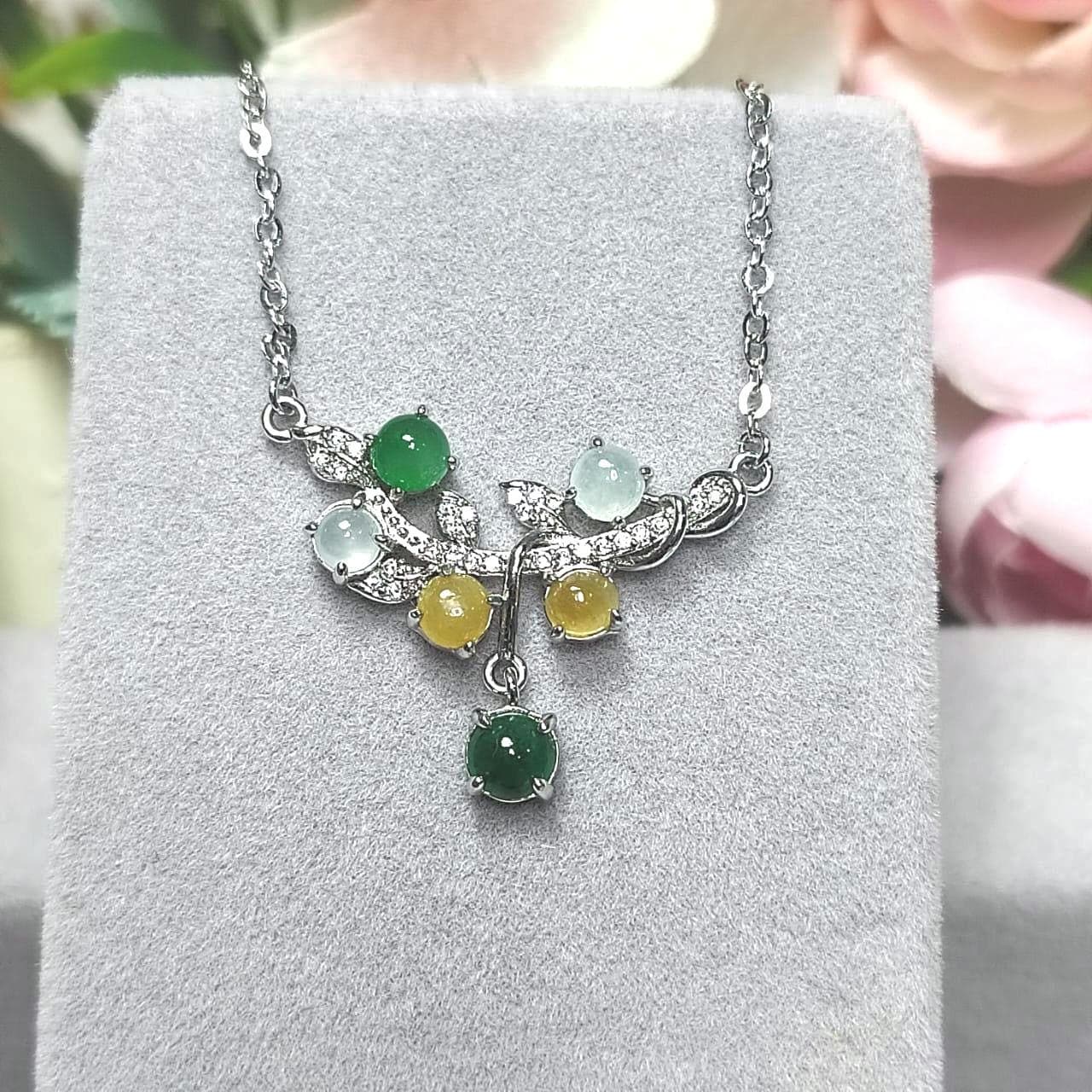 3 Colors Women Burmese Icy White, Yellow, Imperial Green Jadeite Necklace with Zircon Accent 925 Silver Plated with 18K White Gold SL082