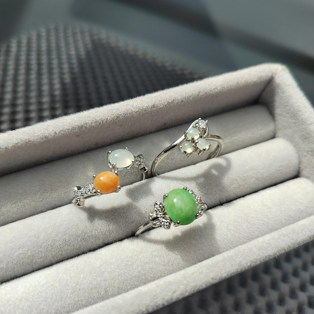 3pcs Set Natural Untreated Burmese Jadeite Rings | Imperial Green Orange Icy White | S925 Silver | Free Shipping SL407