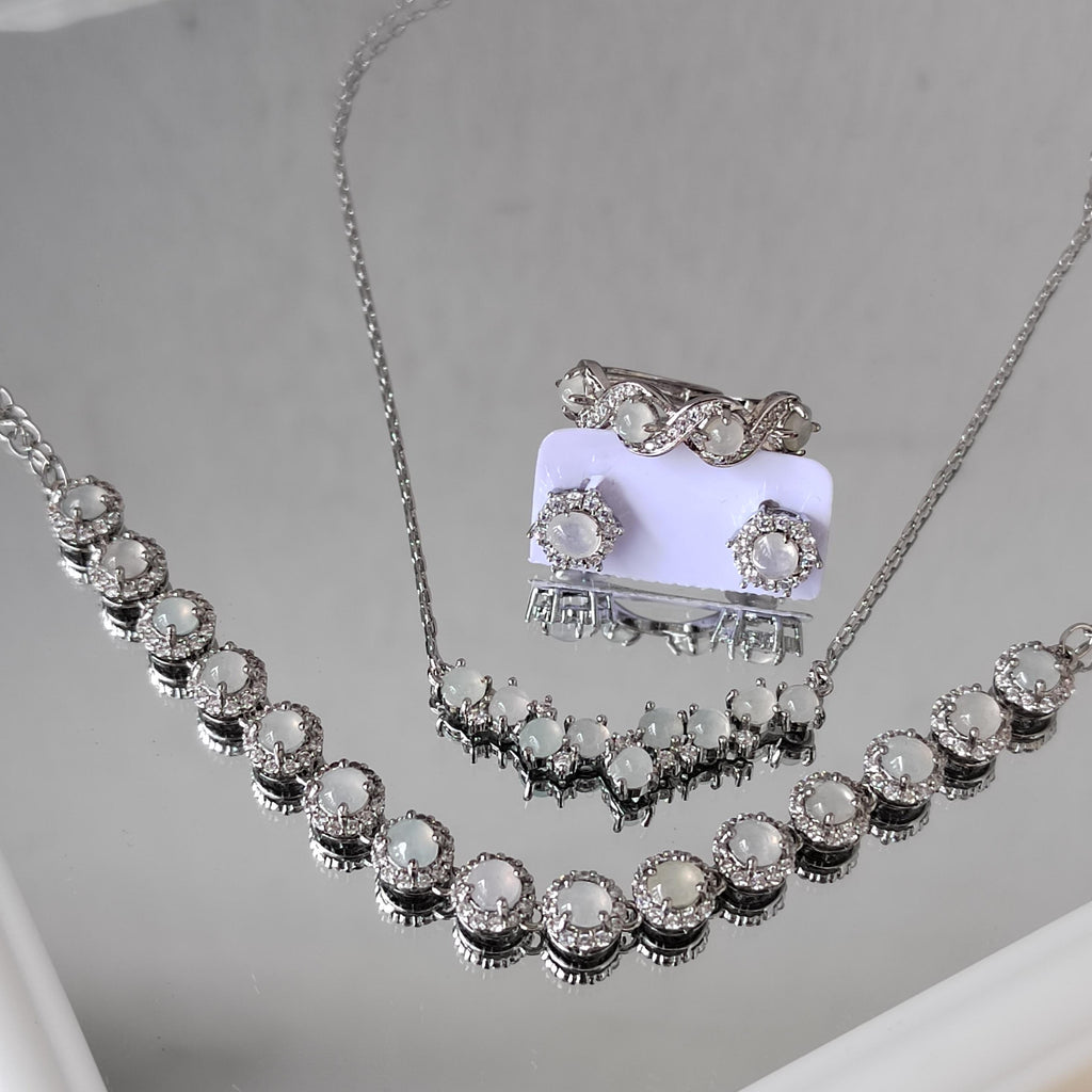 4pcs Set Women Burmese Gemstone A Grade Natural Untreated White Icy Zirconia Jadeite Earrings, Ring, Necklace, Bracelets SL130
