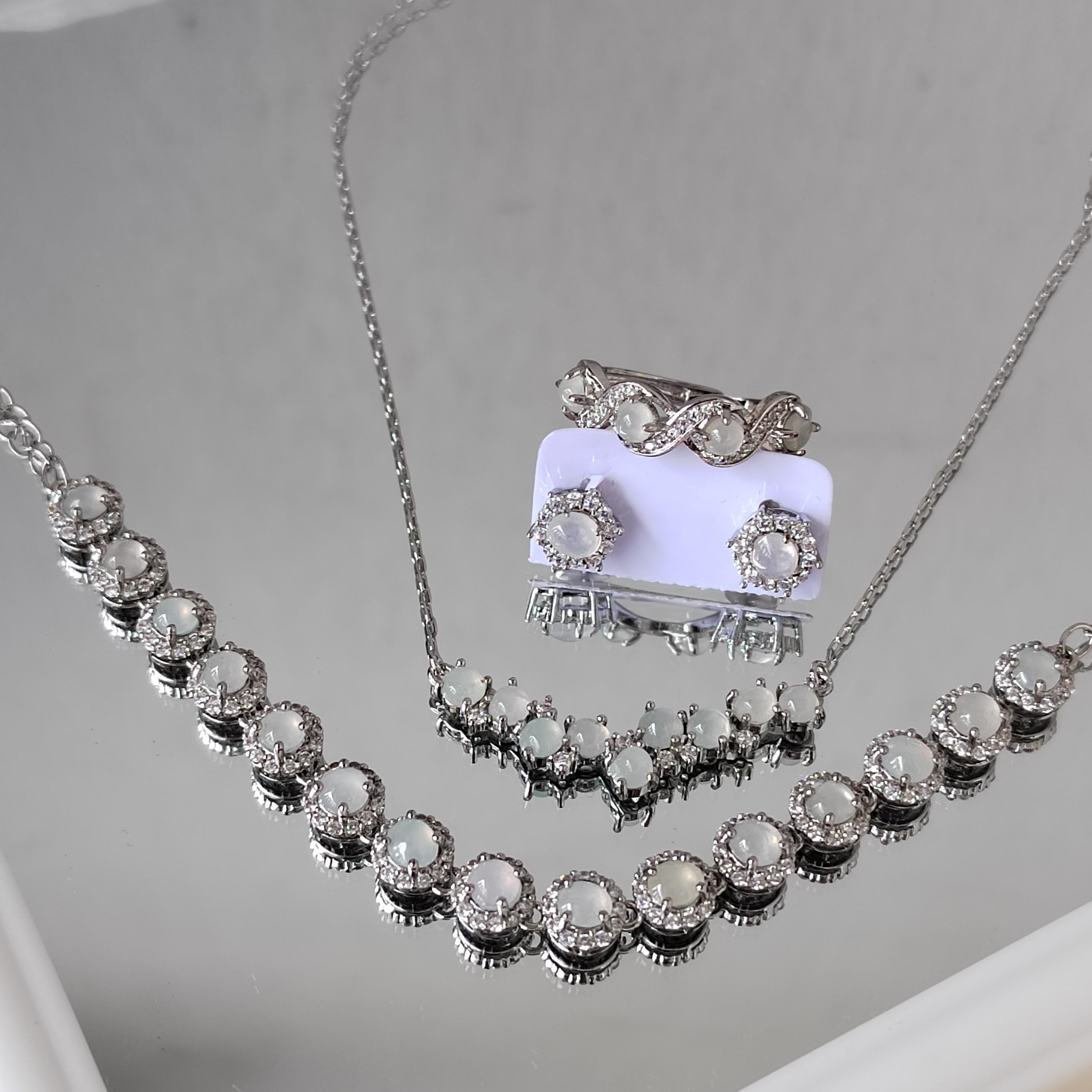 4pcs Set Women Burmese Gemstone A Grade Natural Untreated White Icy Zirconia Jadeite Earrings, Ring, Necklace, Bracelets SL130