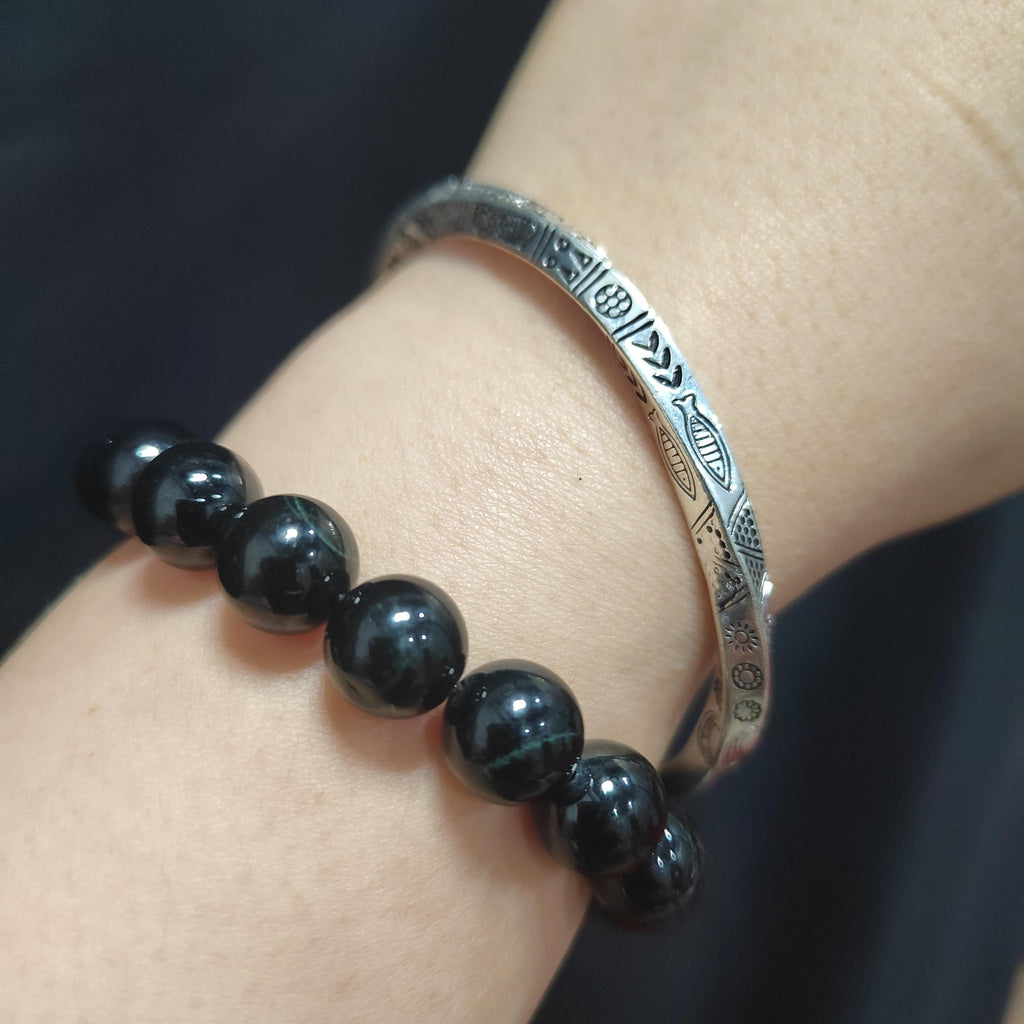 S9999 Silver Filled Vermeil Twitter Punk Bangle & Burmese Black Ink Jadeite Bead Bracelet | Vintage Unisex Gift Set SL237