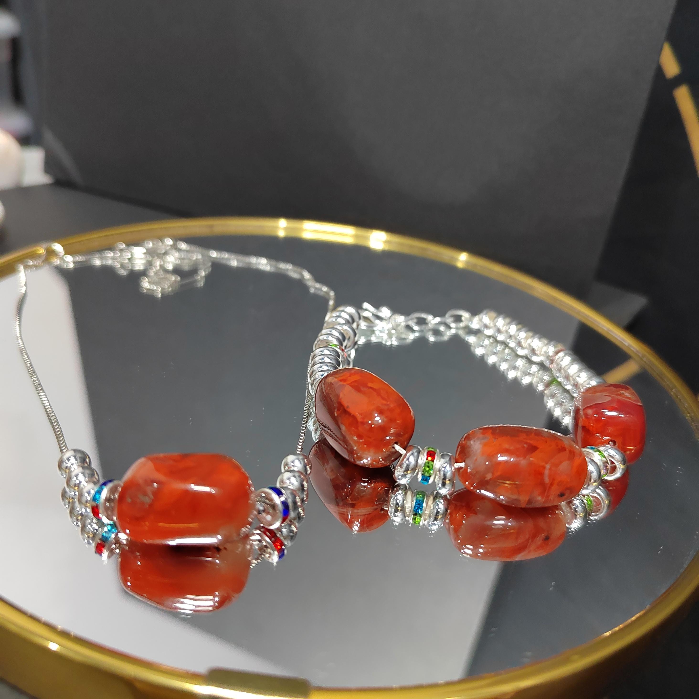 Natural Sichuan Wasi Southern Red Nanhong Agate 2pcs Set | Uneven Cut Bracelet/Necklace | Handmade Design SL309