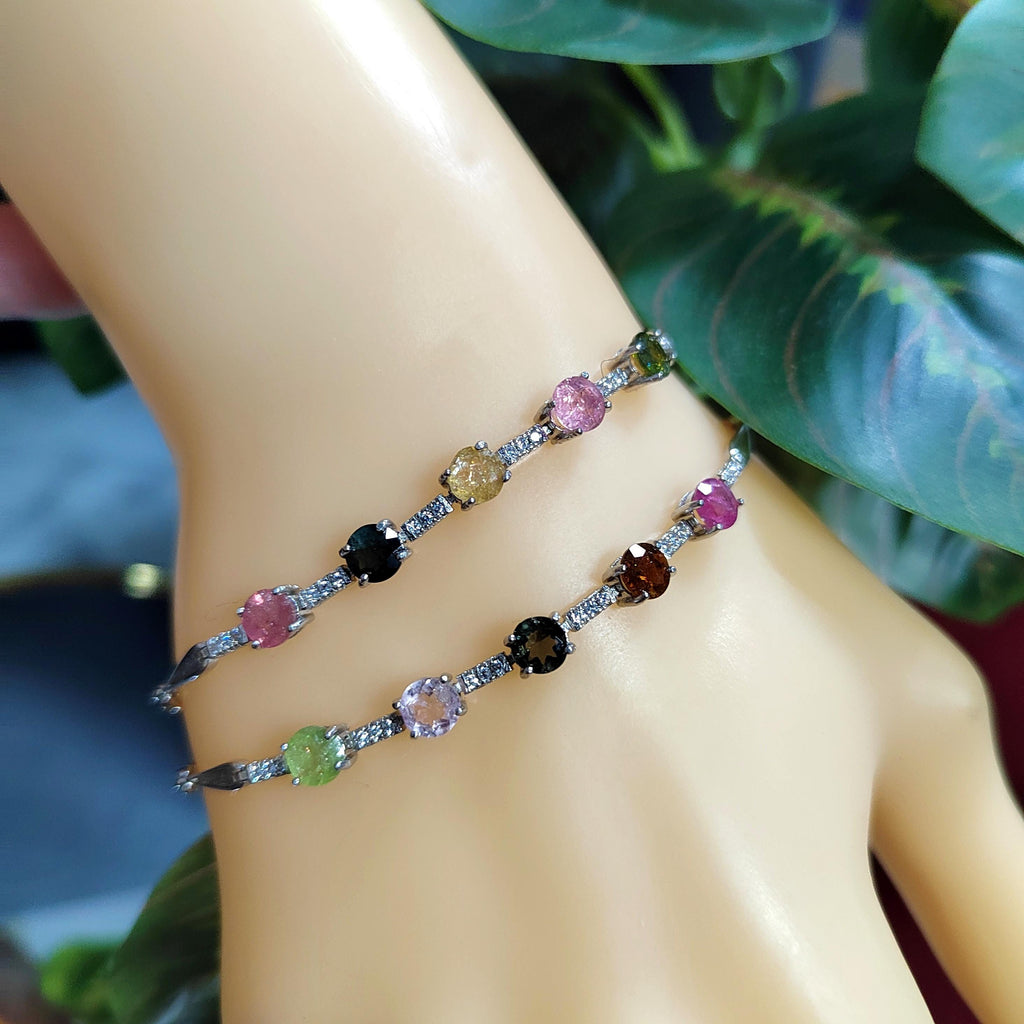 Beautiful 4 Colors Tourmaline Beads with Zirconia Accents S925 Silver Bracelet Minimalist For Her SL050 - SL Precious