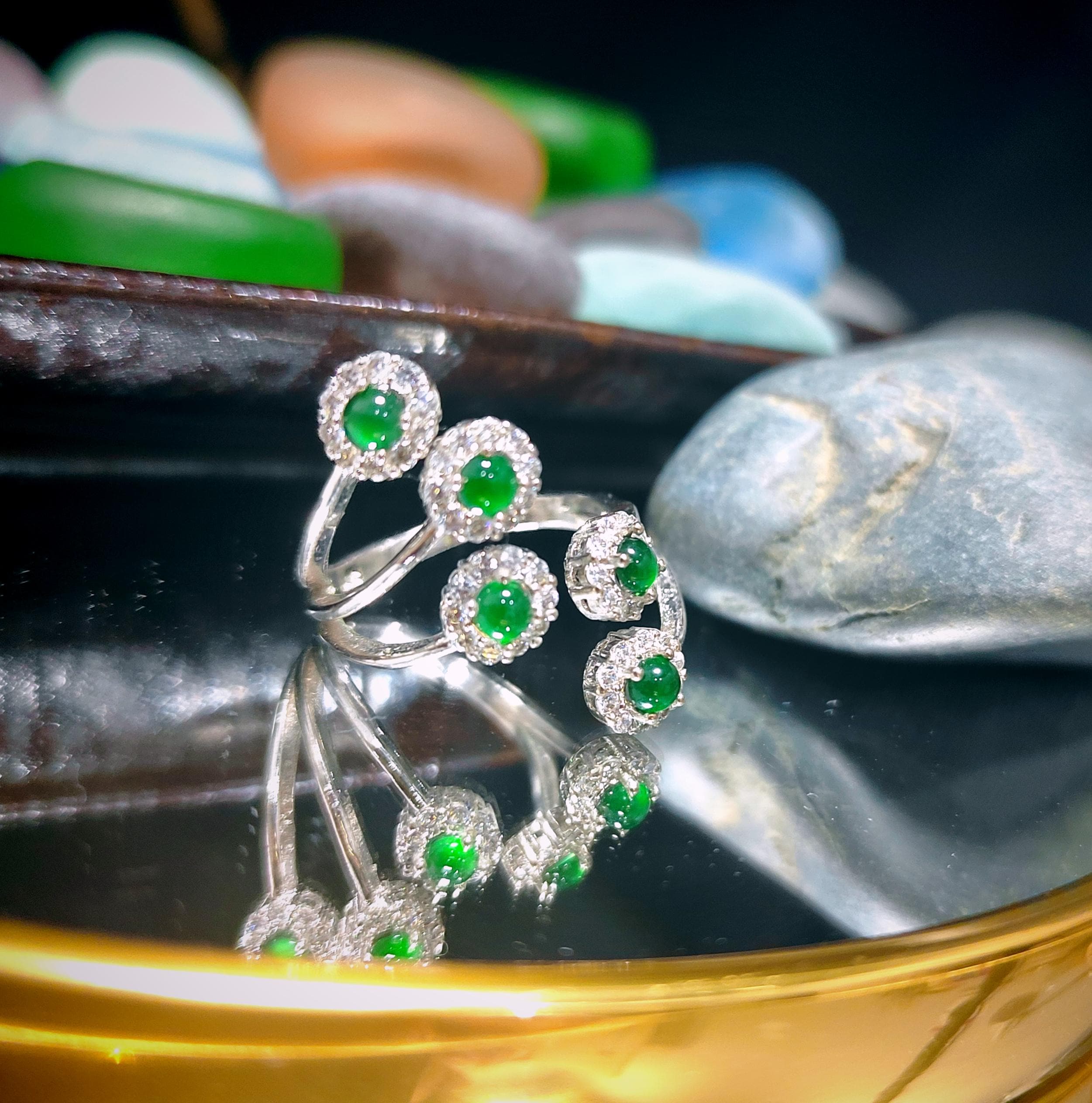 Certified Natural Untreated Guatemala Imperial Green 5pcs Flower Adjustable Design Zircon Set S925 Sterling Silver Jadeite Ring SL372