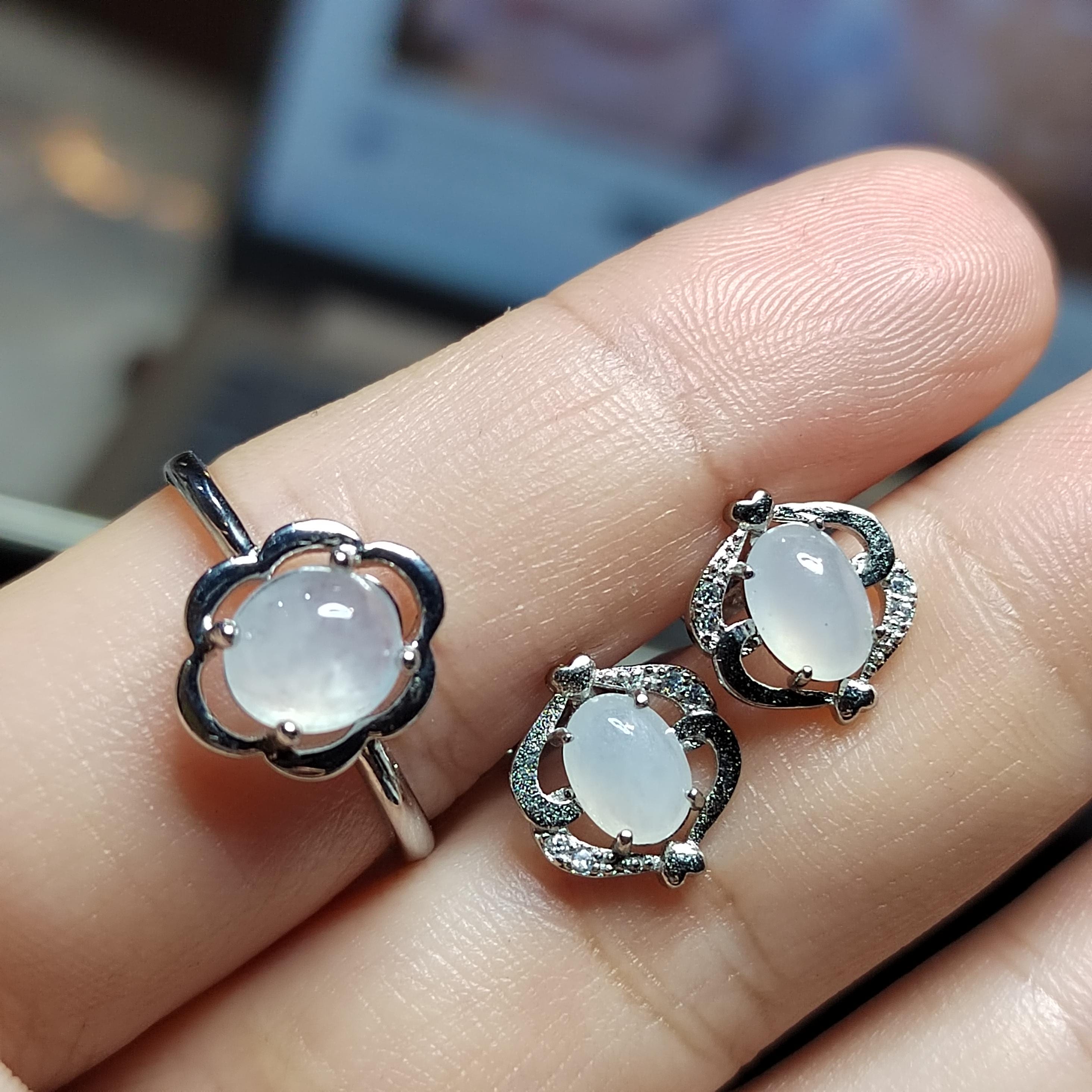 Minimalist Natural Burmese Icy White Jadeite Ring & Earrings | S925 Sterling Silver | Pure Type A Jade Set SL412 - SL Precious