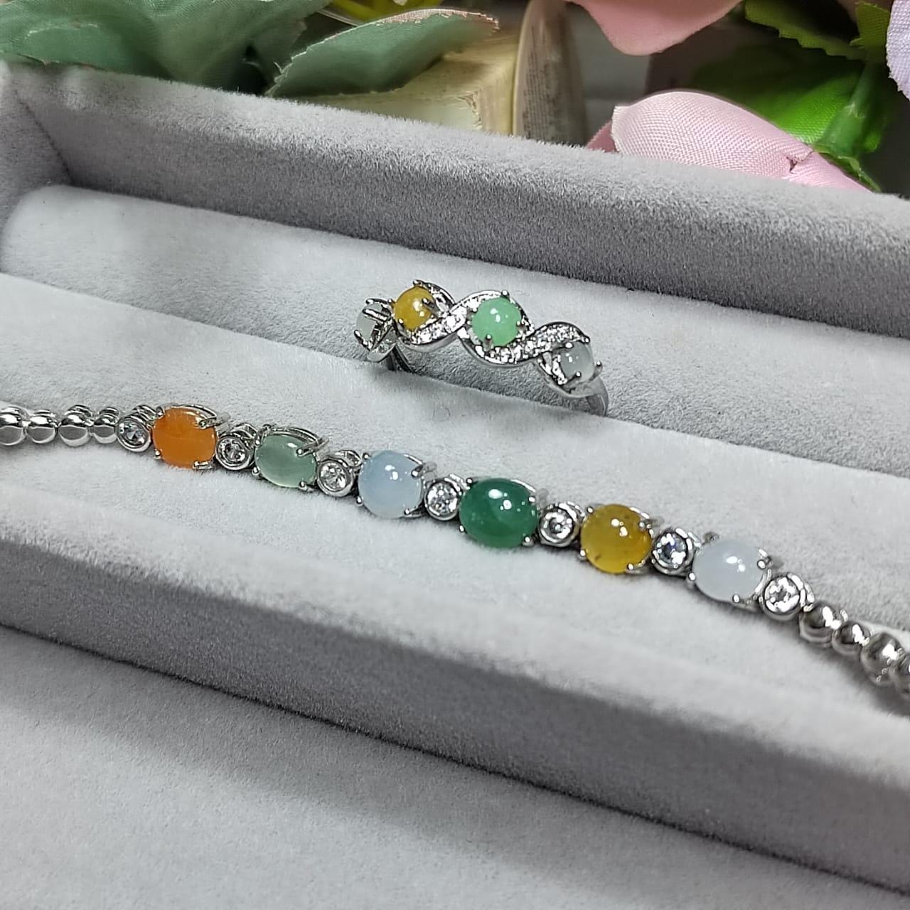 Burmese Gemstone Lucky Color Natural Jadeite Bracelet & Ring Set 925 Silver Plated with 18K White Gold Zircon Accent For Her Minimalist SL08 - SL Precious