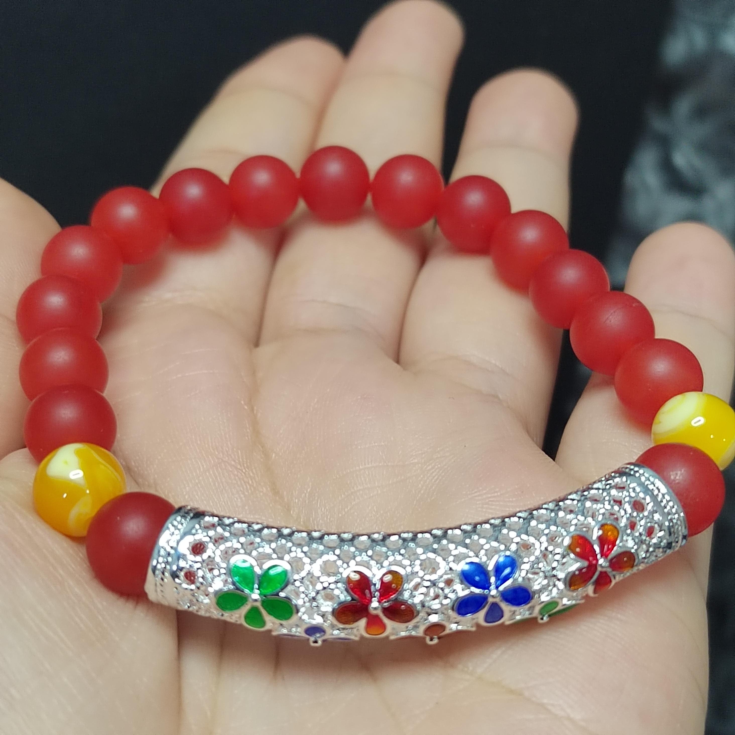 Natural Southern Nanhong Agate Matte, Russia Baltic Beeswax Amber, S9999 Silver Plated Tube Enamel Craftsmanship Bracelet SL334