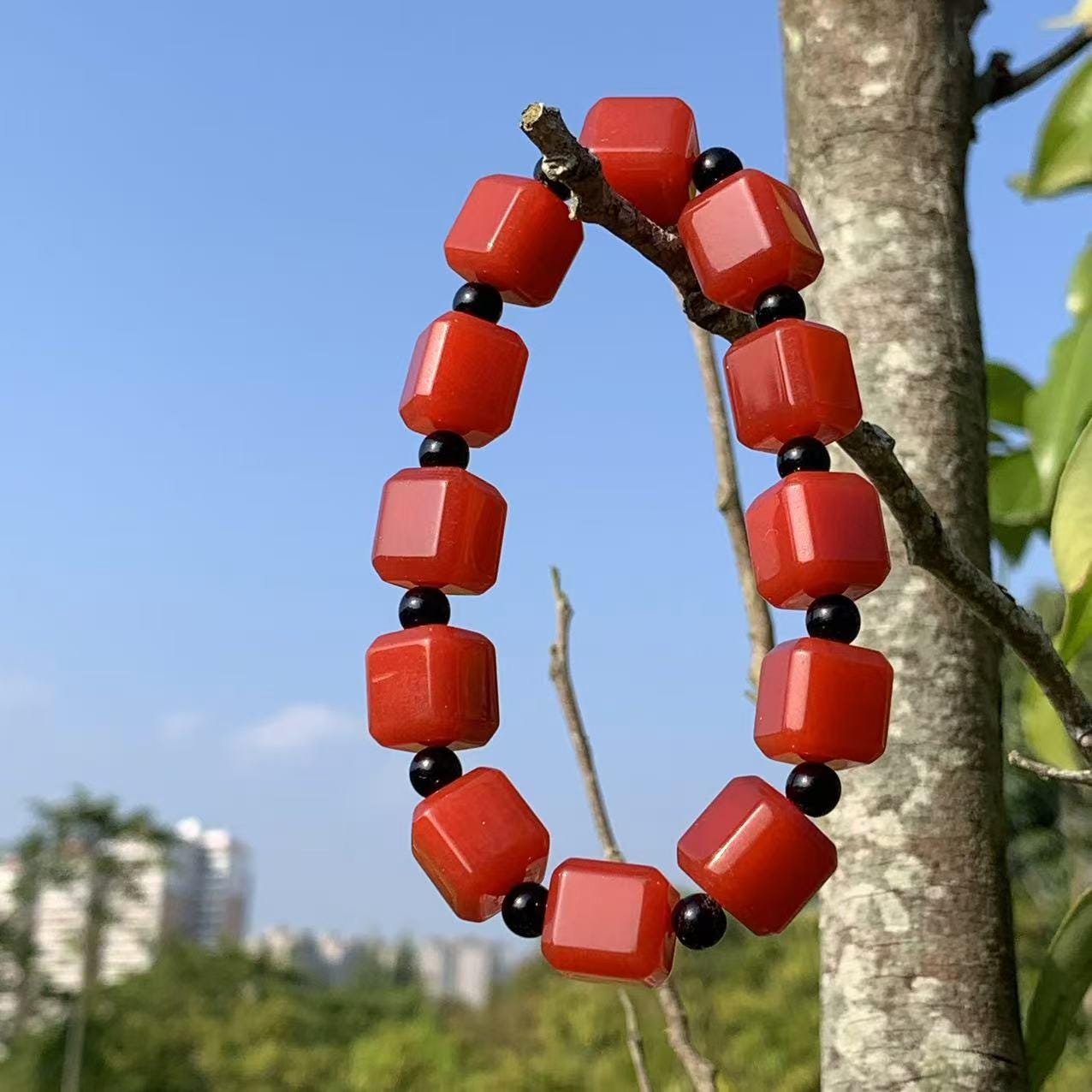 Certified A-Grade Natural Southern Baoshan Yunna Square Shape Icy Red Agate Beads Bracelet Untreated SL266X25 云南保山南红方糖手串，冰红，满肉，透光