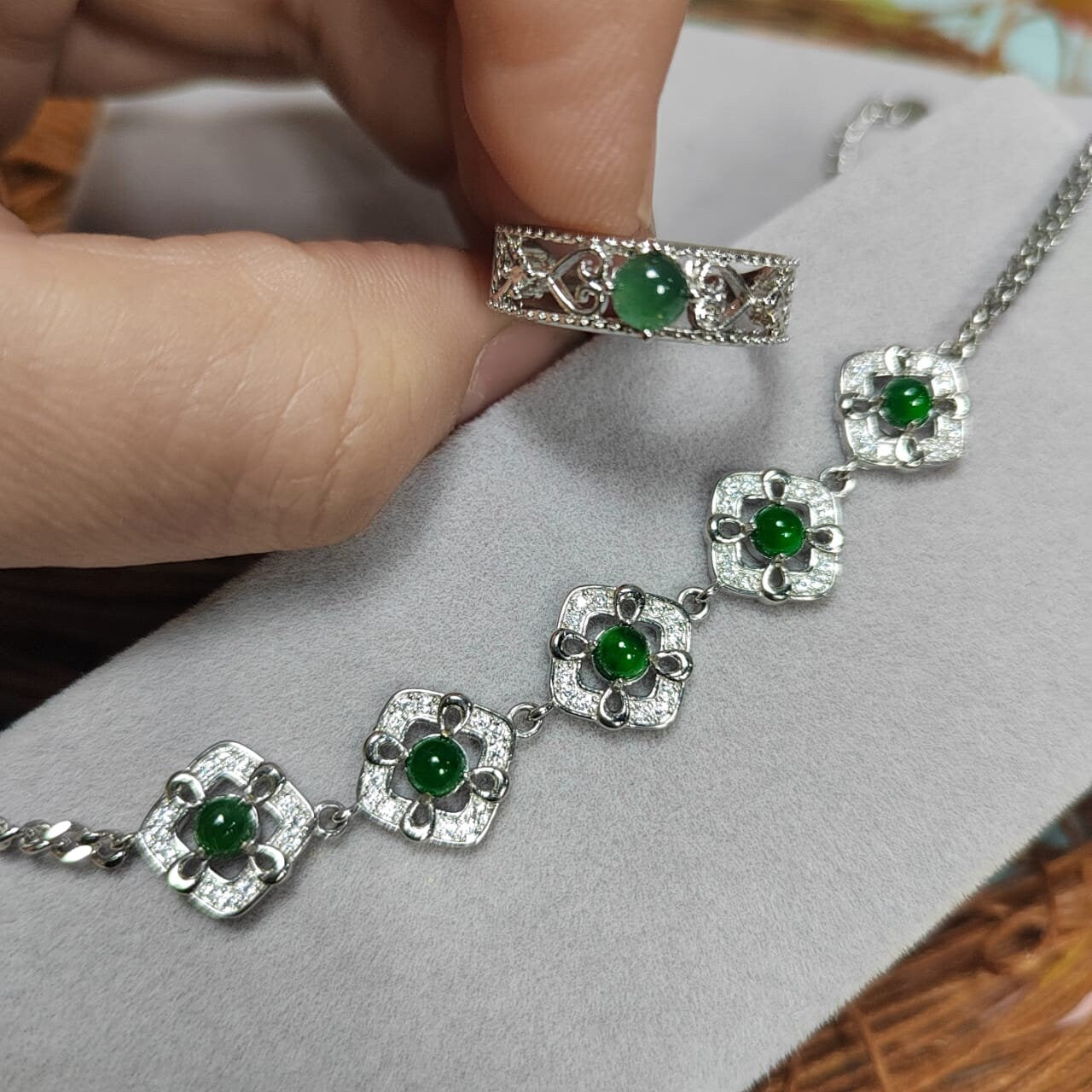 Woodland Dark Green Natural Guatemala Jadeite  Zirconia Silver Ring & Bracelet Set SL034