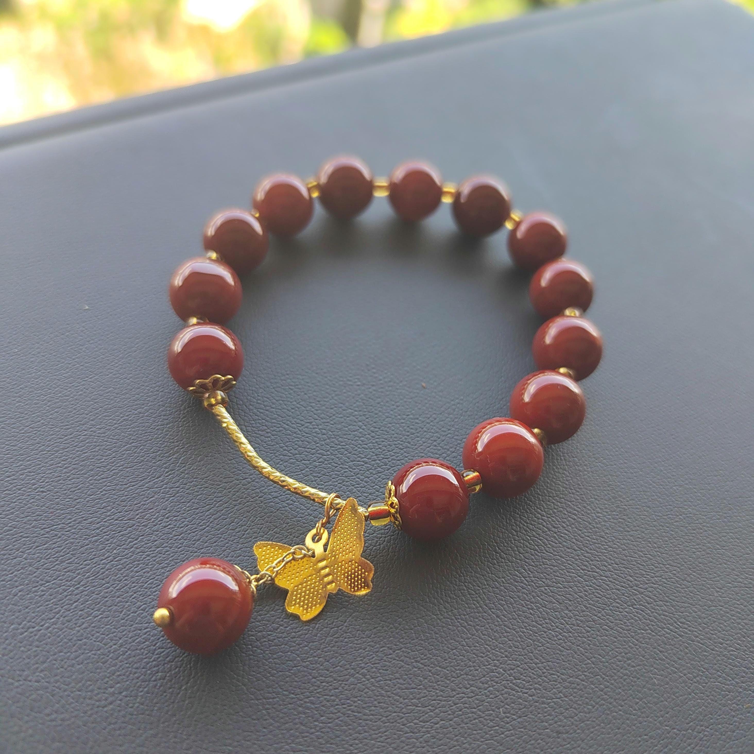 Elegant Certified Natural Ox Blood Southern Nanhong Agate 14k Plated Bead Bracelet - Gifts for Her SL324