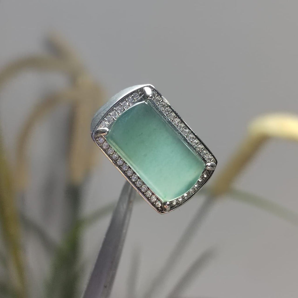 Green Guatemala Jade Zircon Accent Statement Ring S925 Silver Plated with 18K White Gold Unisex SL084 - SL Precious