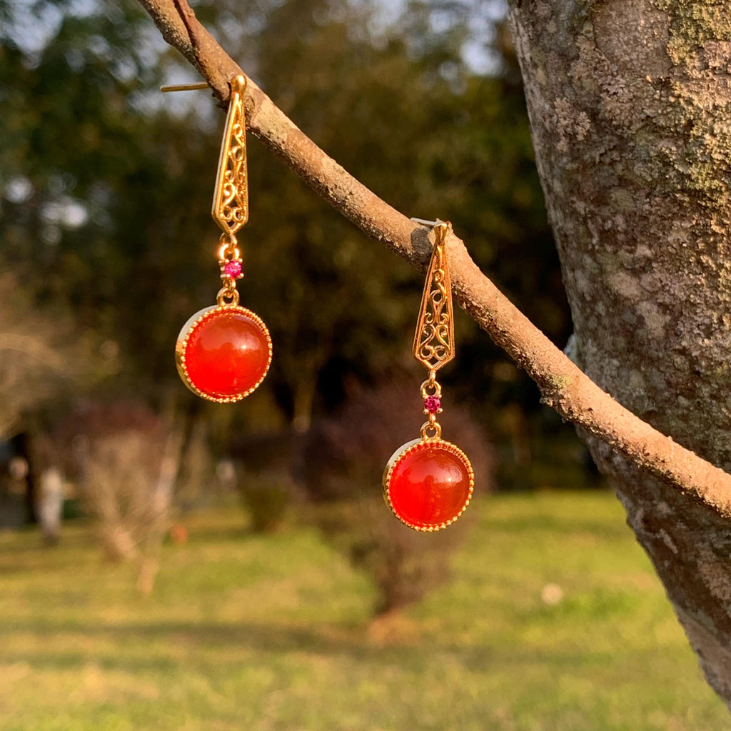 Certified Icy China Baoshan Southern Red Nanhong Agate S925 Silver Stud Dangle 中国风  古法掐丝工艺镶嵌  原矿南红冰红细长耳饰 SL261X20