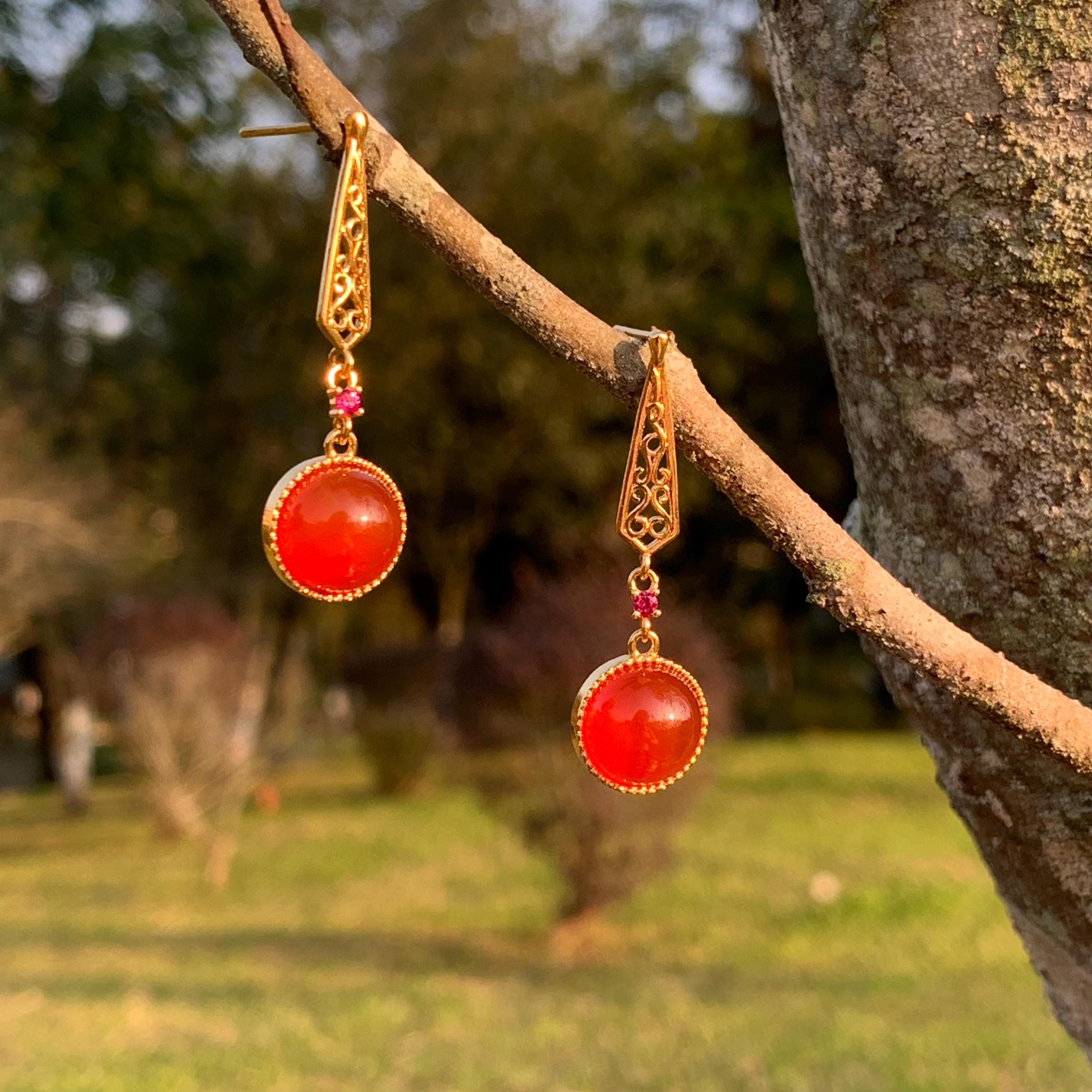 Certified Icy China Baoshan Southern Red Nanhong Agate S925 Silver Stud Dangle 中国风  古法掐丝工艺镶嵌  原矿南红冰红细长耳饰 SL261X20