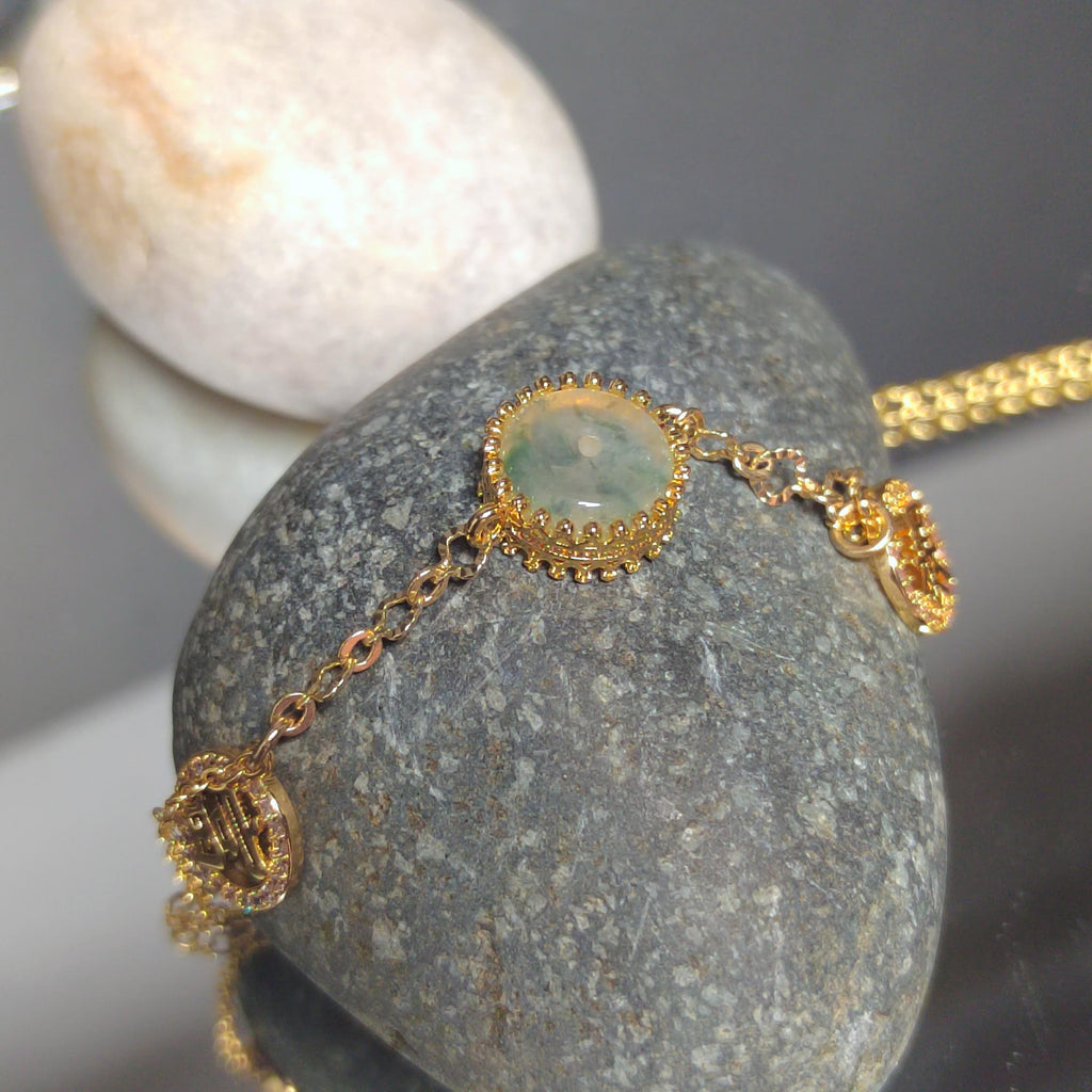 Certified A-Grade Natural Untreated Burmese Round Floating Flower Icy Jadeite 14k GF Set Bracelet Anklet SL292