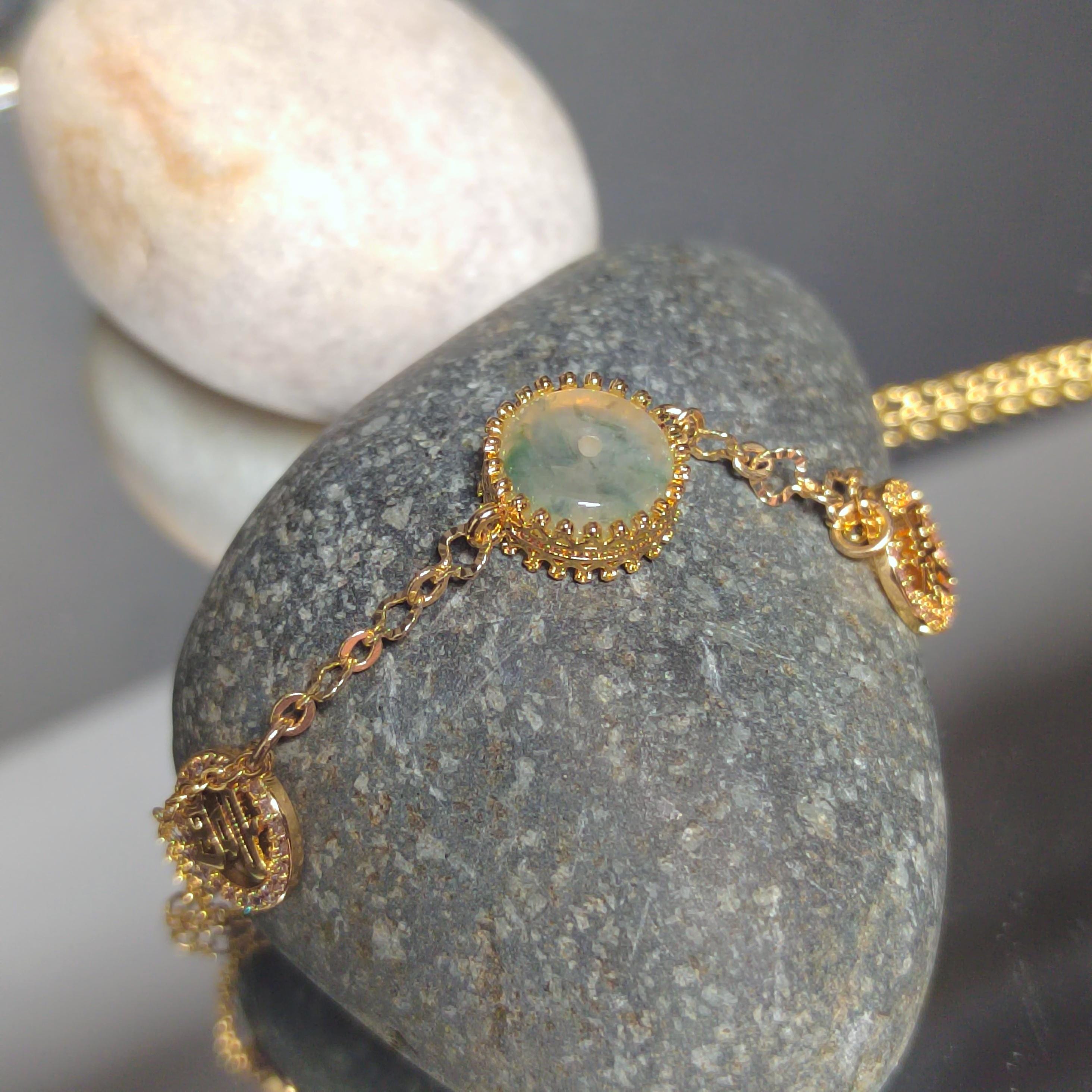 Certified A-Grade Natural Untreated Burmese Round Floating Flower Icy Jadeite 14k GF Set Bracelet Anklet SL292