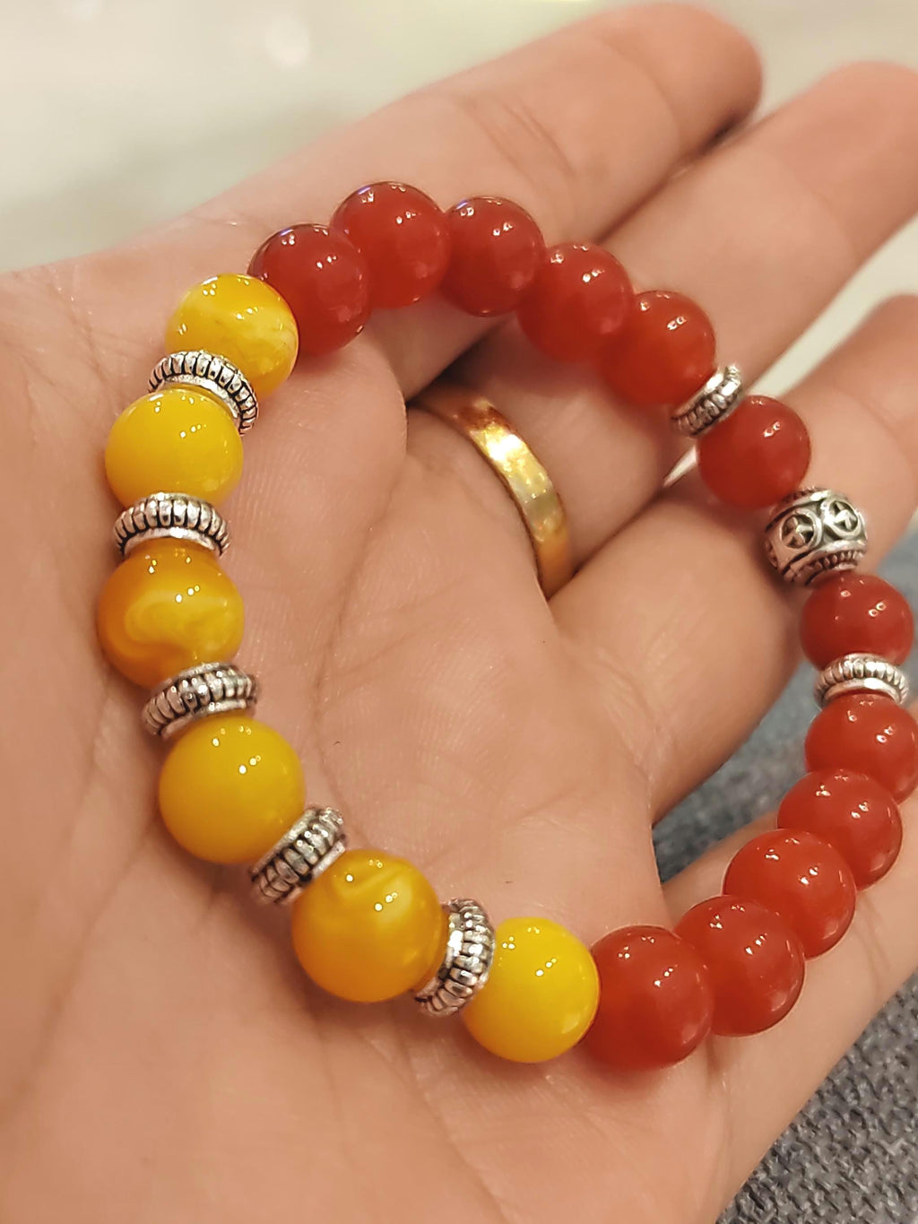 Natural Handmade Russian Baltic Beeswax Amber & Sichuan Baoshan Nanhong Agate S999 Spacer Beads Bracelet Gifts SL325 - SL Precious