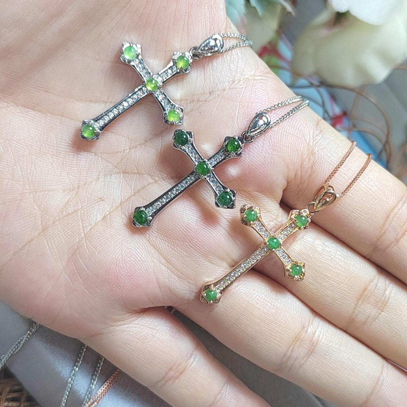 Natural Burmese Jadeite Apple Green, Imperial Green & Bright Green 925 18k White/Rose Gold Christian Cross Pendant/Chain Jewelry SL030 - SL Precious