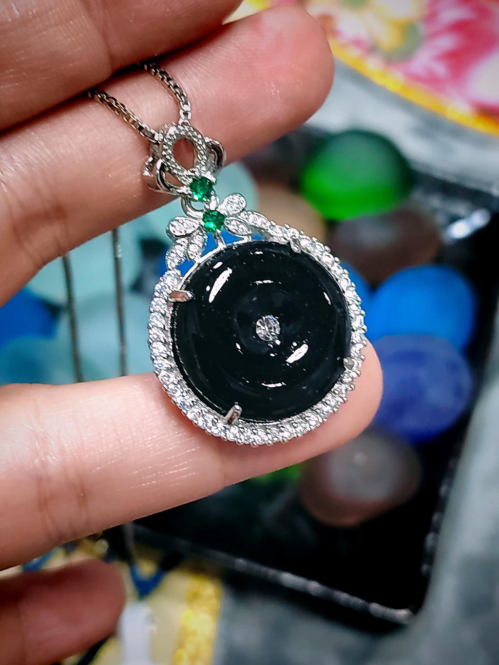 Certified A-Grade Necklace Natural Gemstone Untreated Black Ink Donut Shape Jadeite Zirconia Accents on 18K White Gold For Her Gifts SL059 - SL Precious