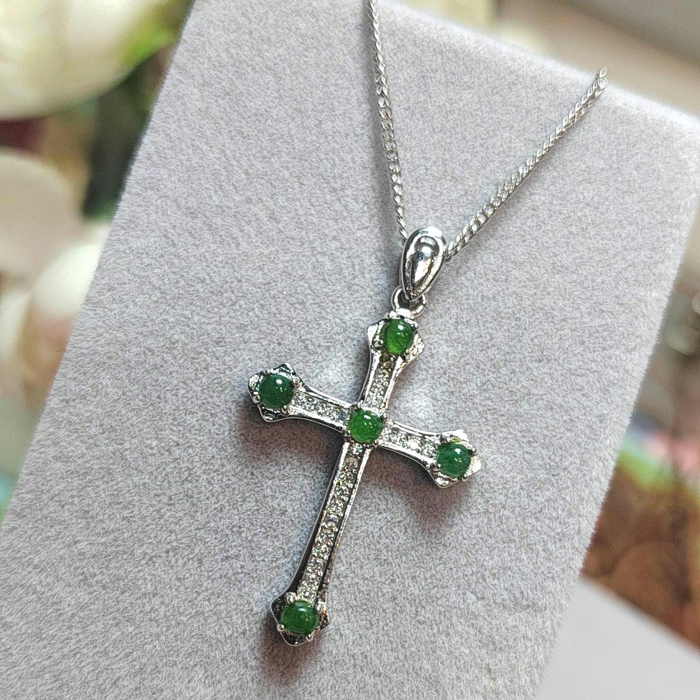 Natural Burmese Jadeite Apple Green, Imperial Green & Bright Green 925 18k White/Rose Gold Christian Cross Pendant/Chain Jewelry SL030 - SL Precious
