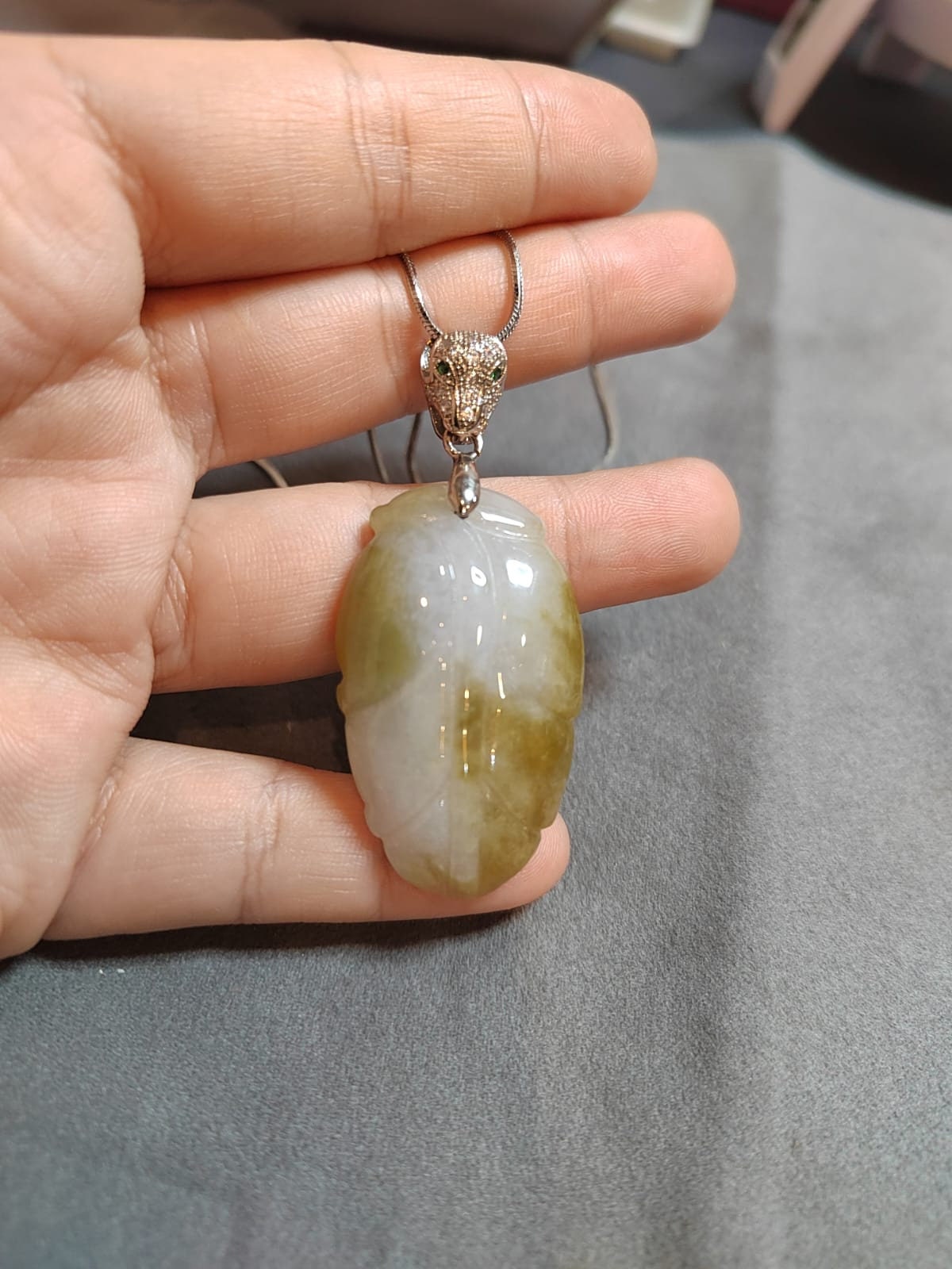 Luxurious Yellow Jadeite Leaf Pendant - Exquisite Panther Bail, 925 Sterling Silver Plated with 18K White Gold SL8000 - SL Precious
