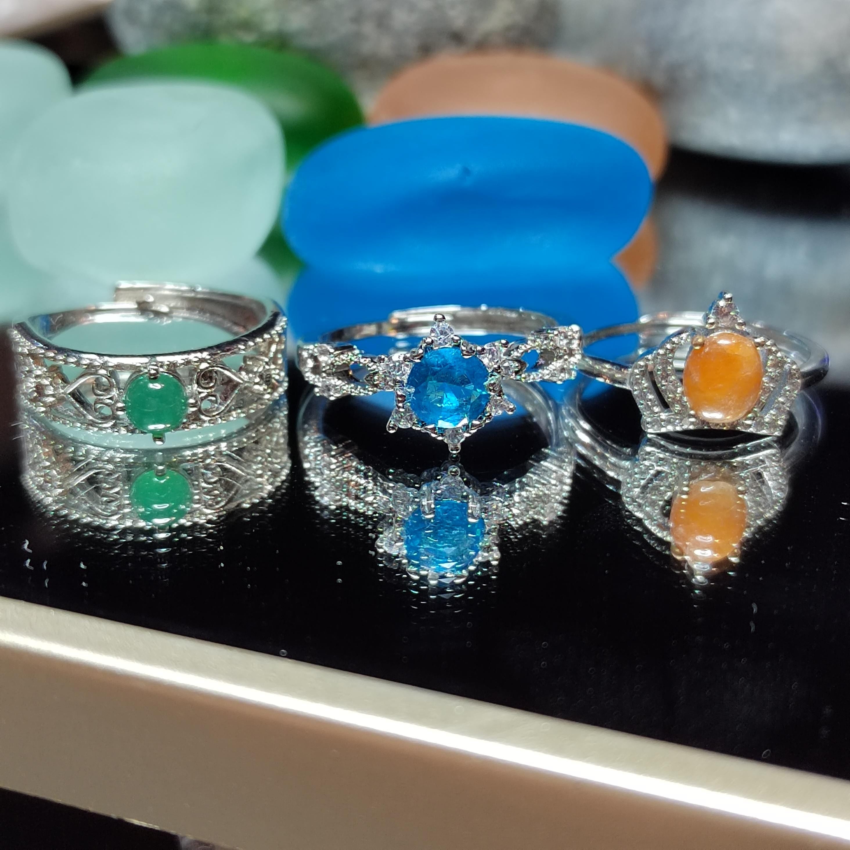 Natural Jadeite & Light Blue Topaz Ring Set | Yellow, Green, Sky Blue Stones | Gold Plated Brass | Gift Ready SL410 - SL Precious