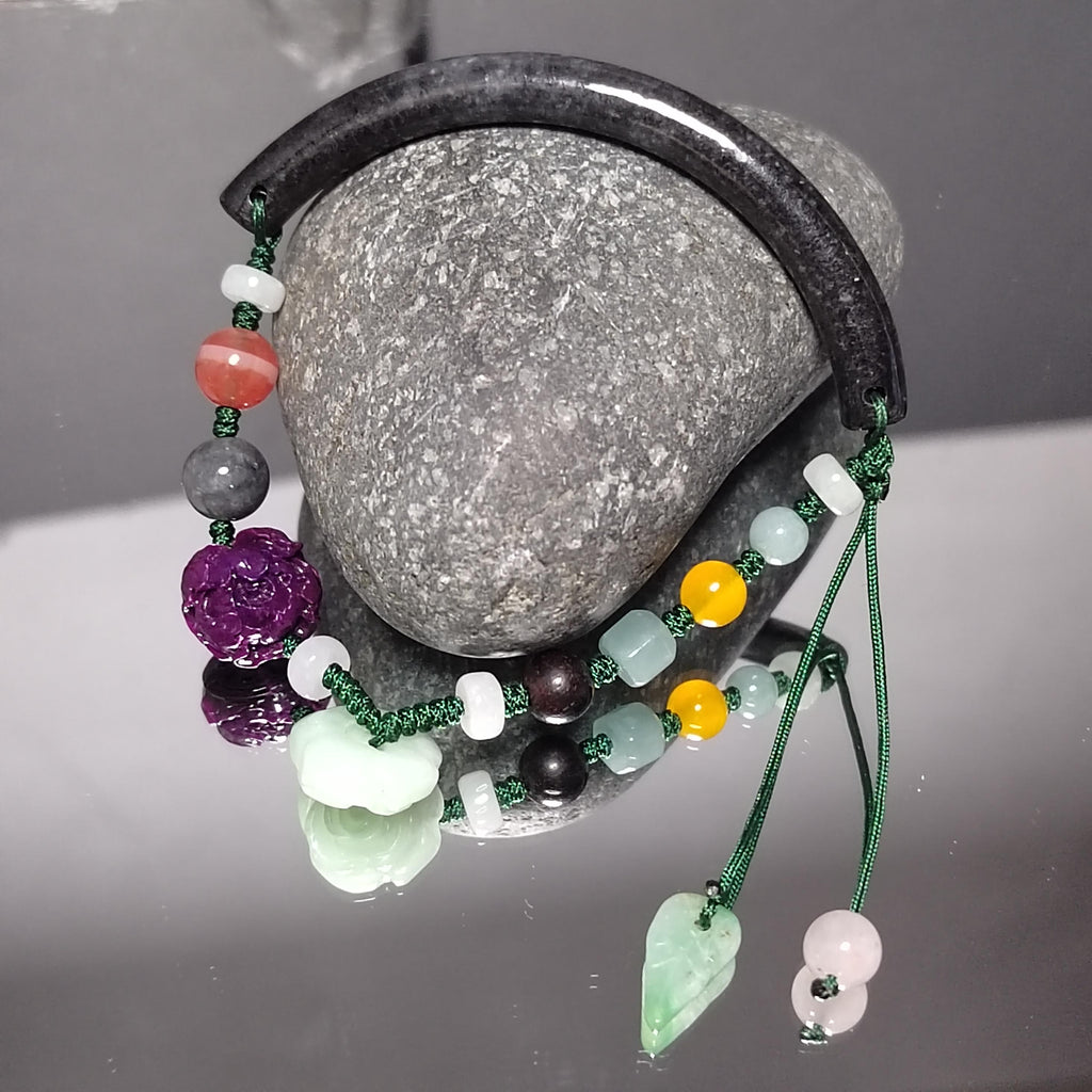 Certified A-Grade Natural Untreated Burmese Wuji Black Grey Half Bangle Bracelet | Nanhong Agate & Wax Amber Handmade Design SL289