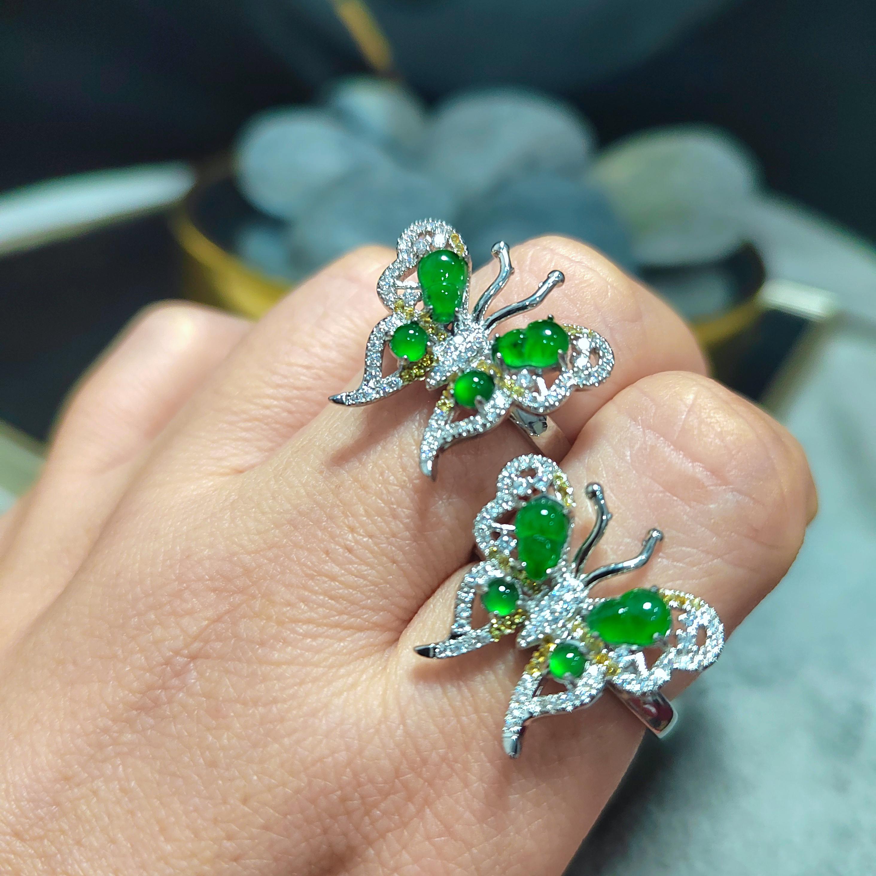 Certified Natural Untreated Burmese Imperial Green Elegant Butterfly Zircon S925 2 Tones Silver Gold Jadeite Ring(1pc) SL367x35