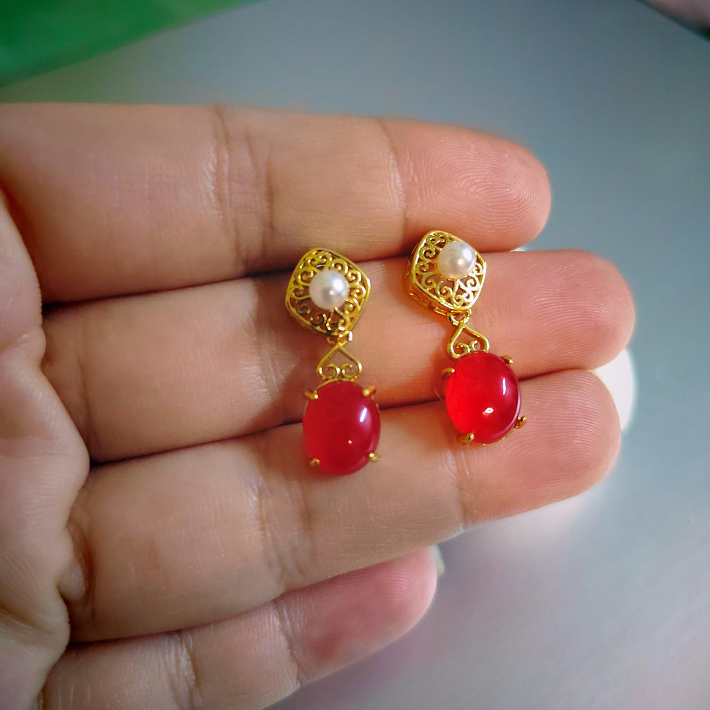 Certified Natural Untreated China Baoshan Southern Red Nanhong Agate S925 Silver Stud Earrings 中国古典风古法掐丝工艺镶嵌淡水珍珠原矿南红冰红耳饰 SL260X19