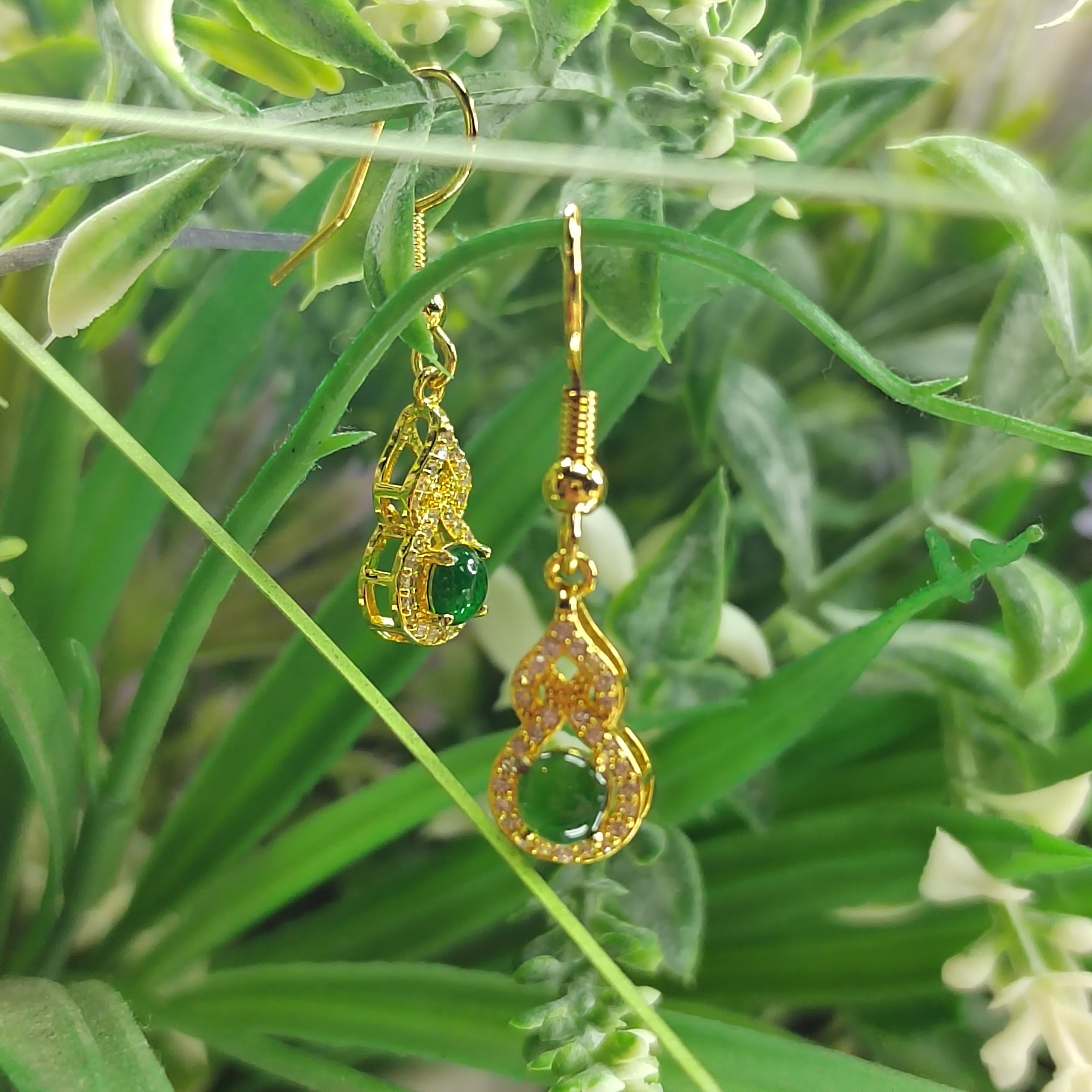 Natural Guatemala Imperial Green Hulu Jadeite Earrings | Zirconia Accents | 925 Sterling Silver Plated with Yellow Gold Earring SL052 - SL Precious