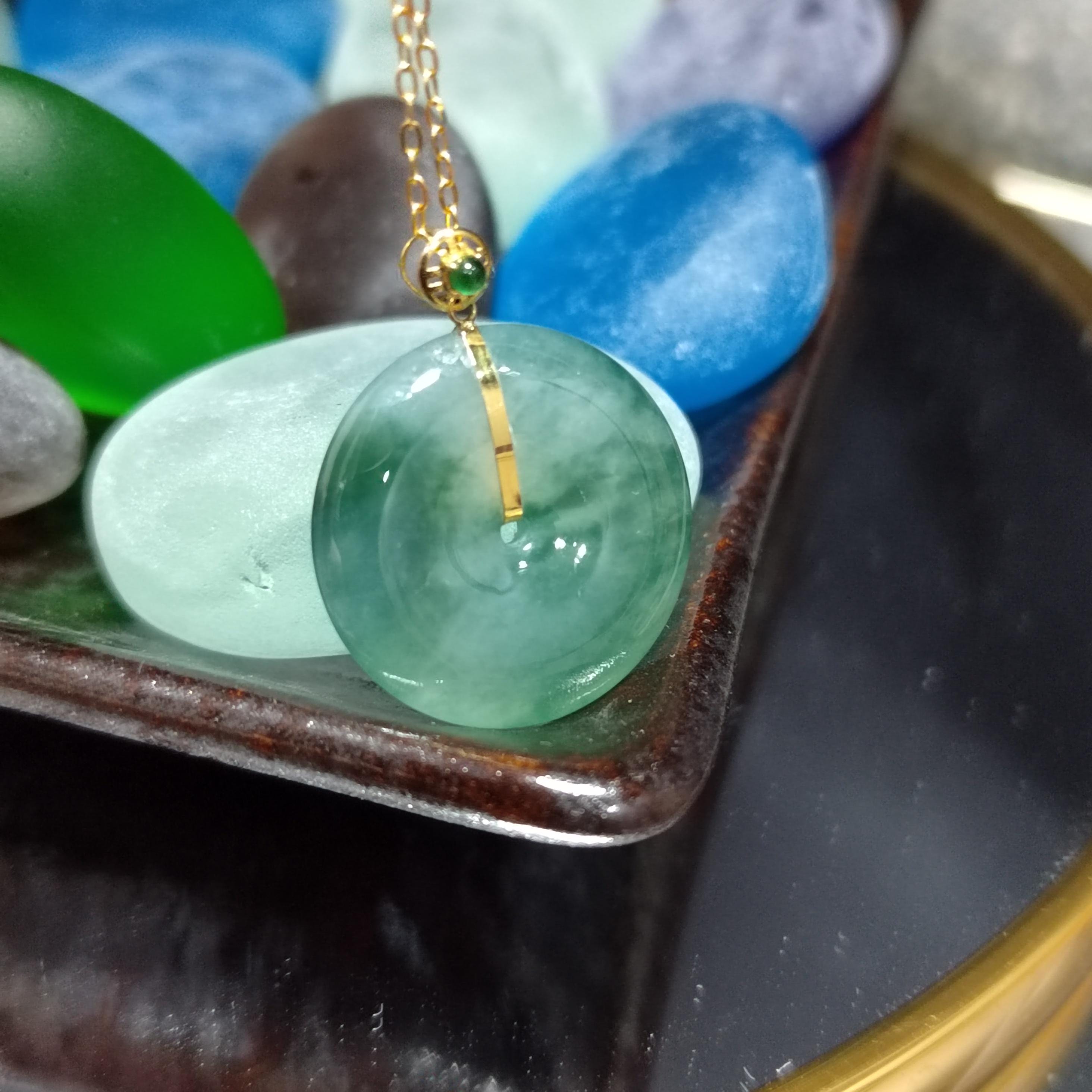 Certified A-Grade Natural Untreated Burmese Dynasty Design Icy Floral Green Donut Jadeite Pendant 冰飘花 G18K SL375