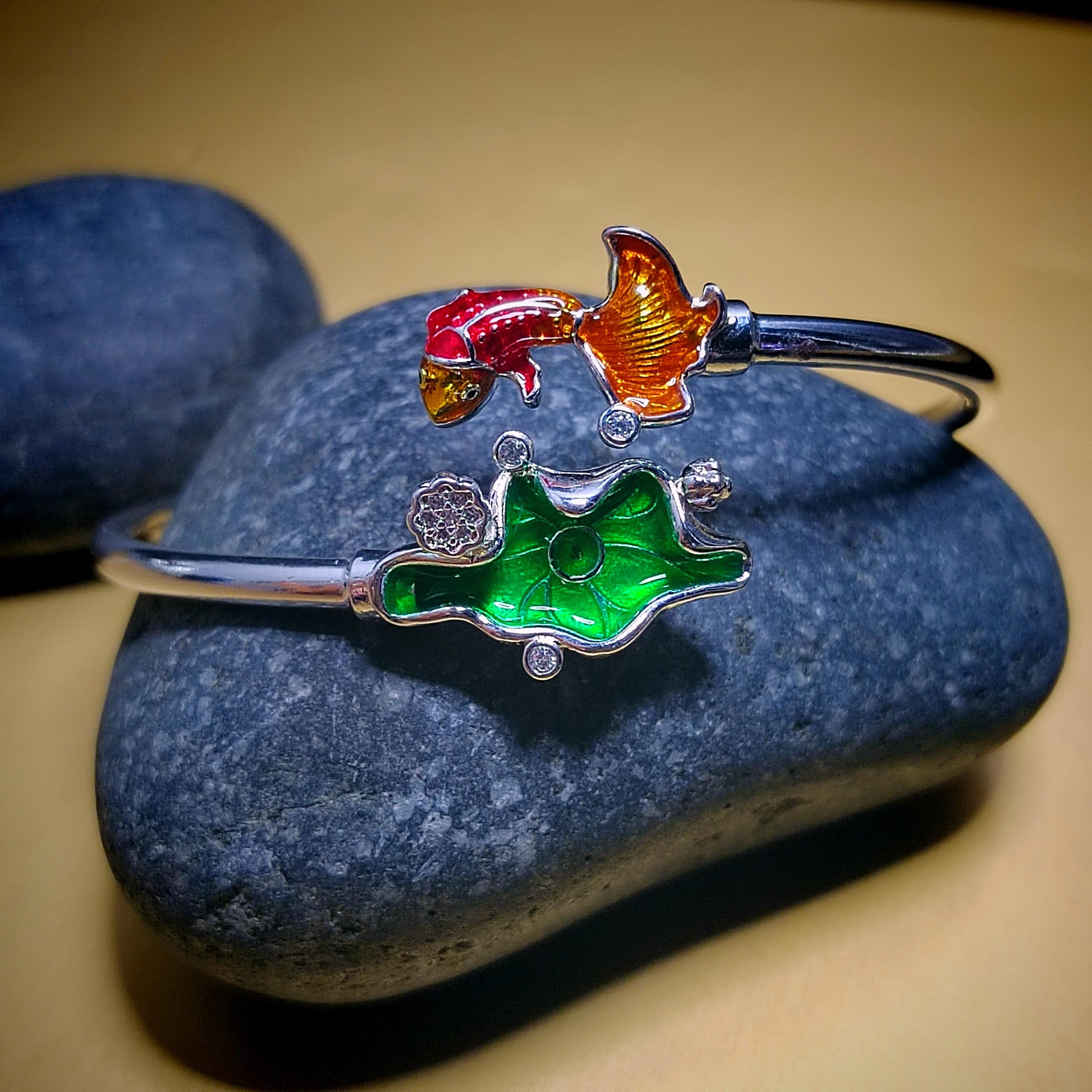 S9999 Silver Filled Vermeil Beautiful Lotus Leaf and Fortune Gold Fish Design With Zircon Set Adjustable Bracelet SL235