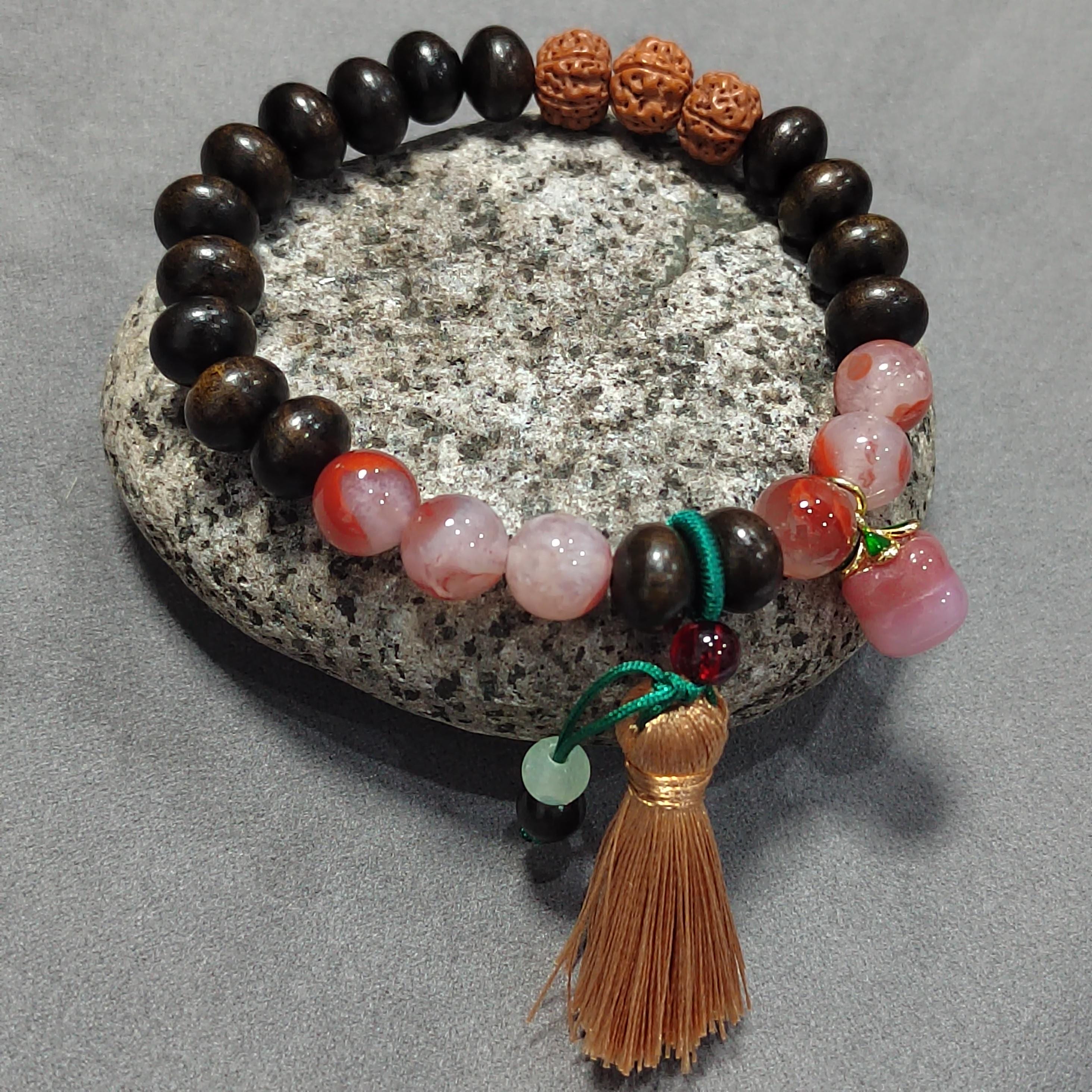 Certified Natural South Red Agate & Ebony Wood Twin Bracelet Set | Bodhi Seed Accents | 沉贵宝| 999 Silver Filled Vermeil SL392