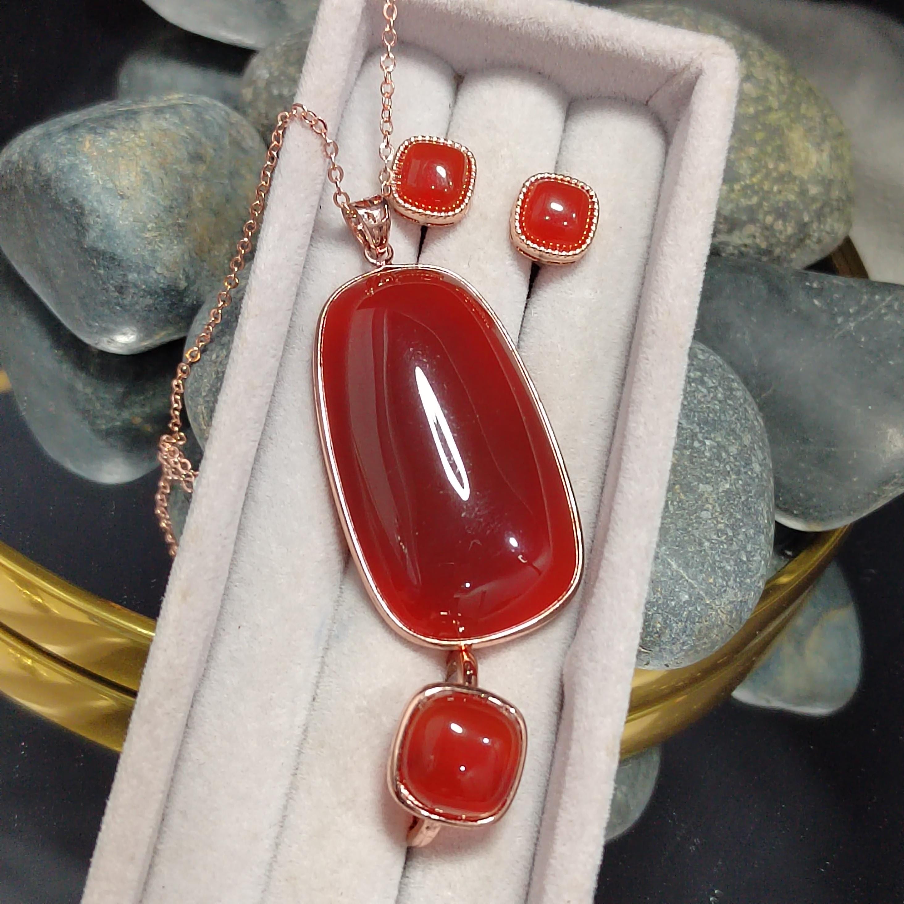 Certified Natural Southern Baoshan Nanhong Icy Top Quality Agate 3pcs Set Earrings -Ring -Pendant/Chain 18k Rose Gold Plated S925 SL358