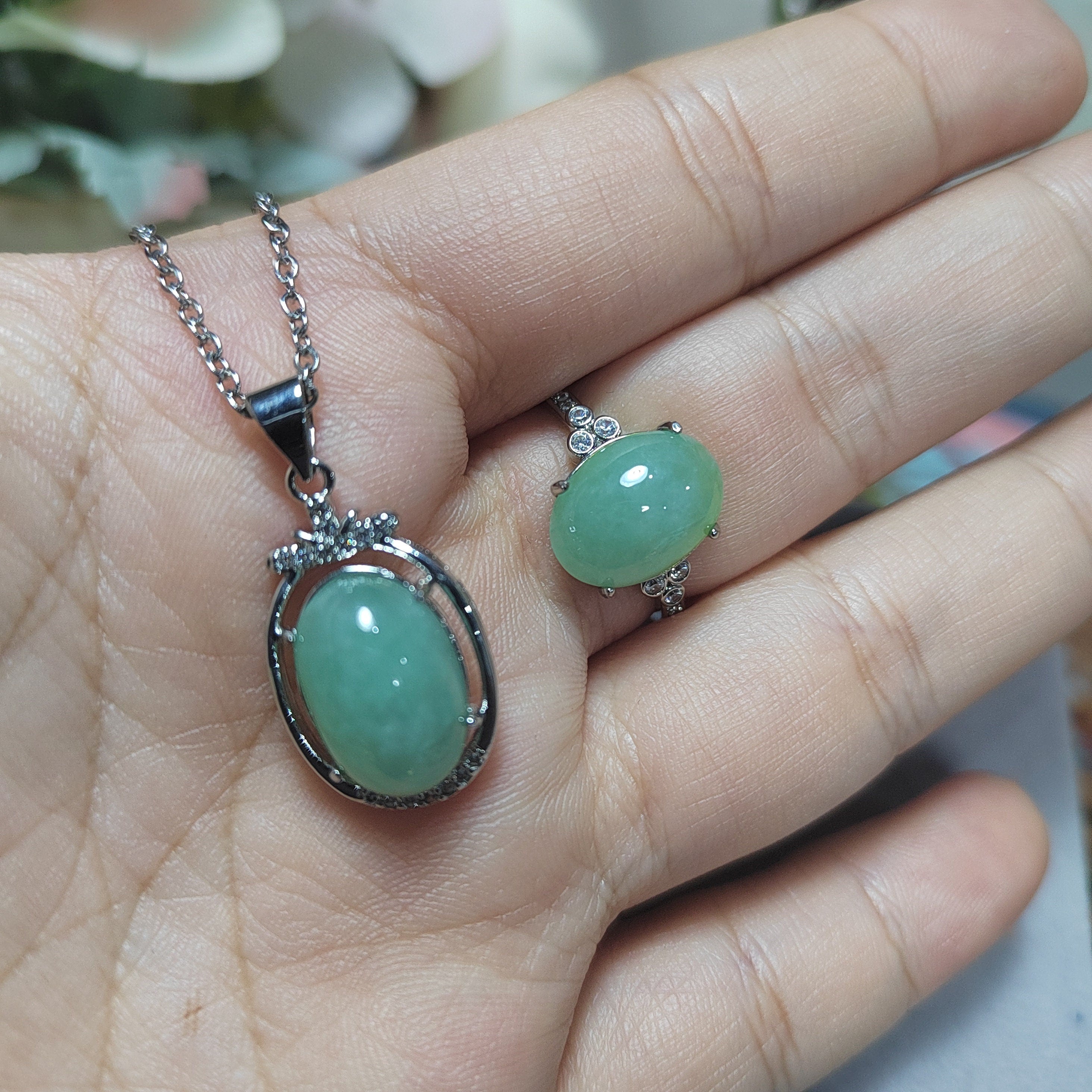 Burmese Natural Gemstone Untreated Light Apple Green Pendant and Ring 2pcs Set Jewellery For Her Minimalist Design SL070