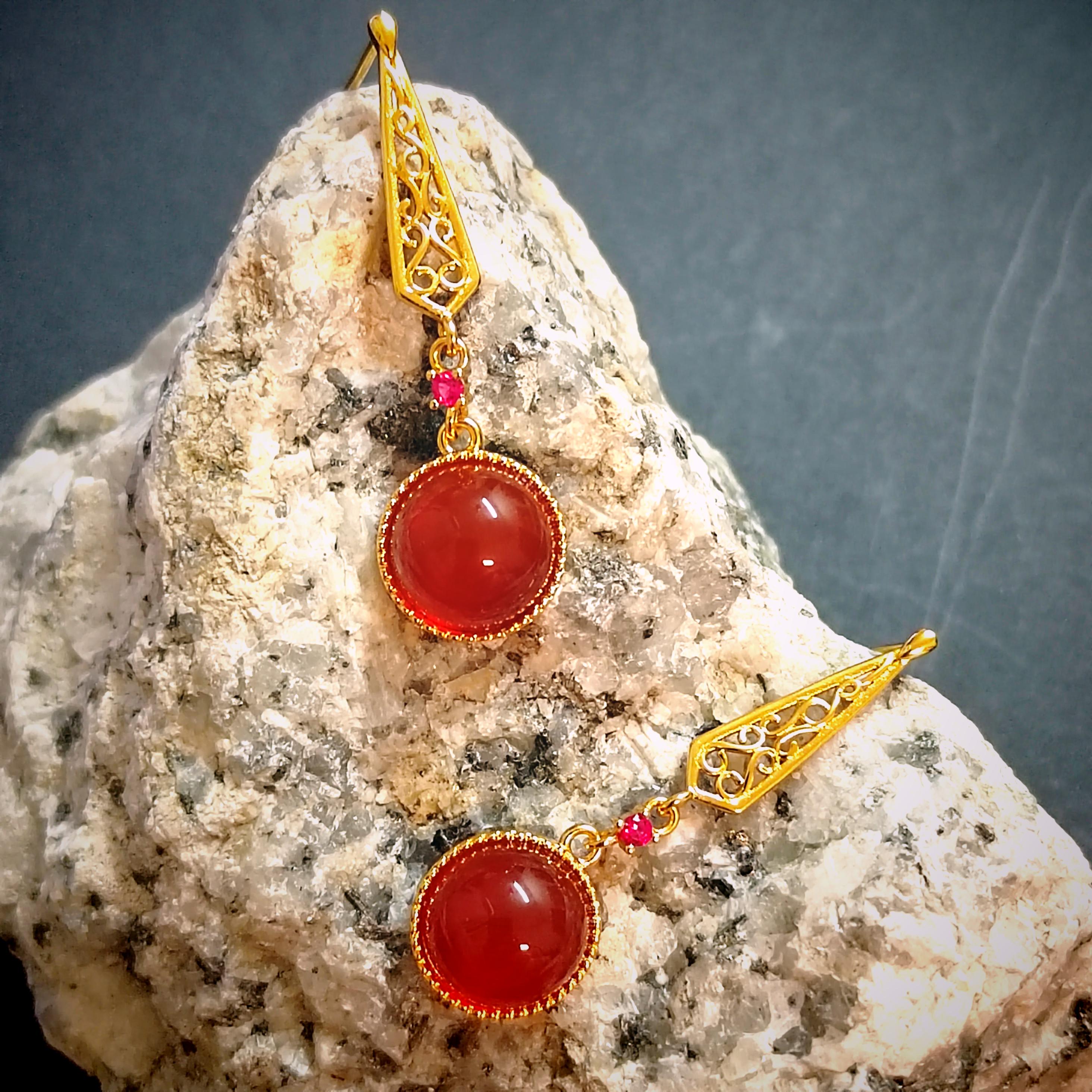 Certified Icy China Baoshan Southern Red Nanhong Agate S925 Silver Stud Dangle 中国风  古法掐丝工艺镶嵌  原矿南红冰红细长耳饰 SL261X20