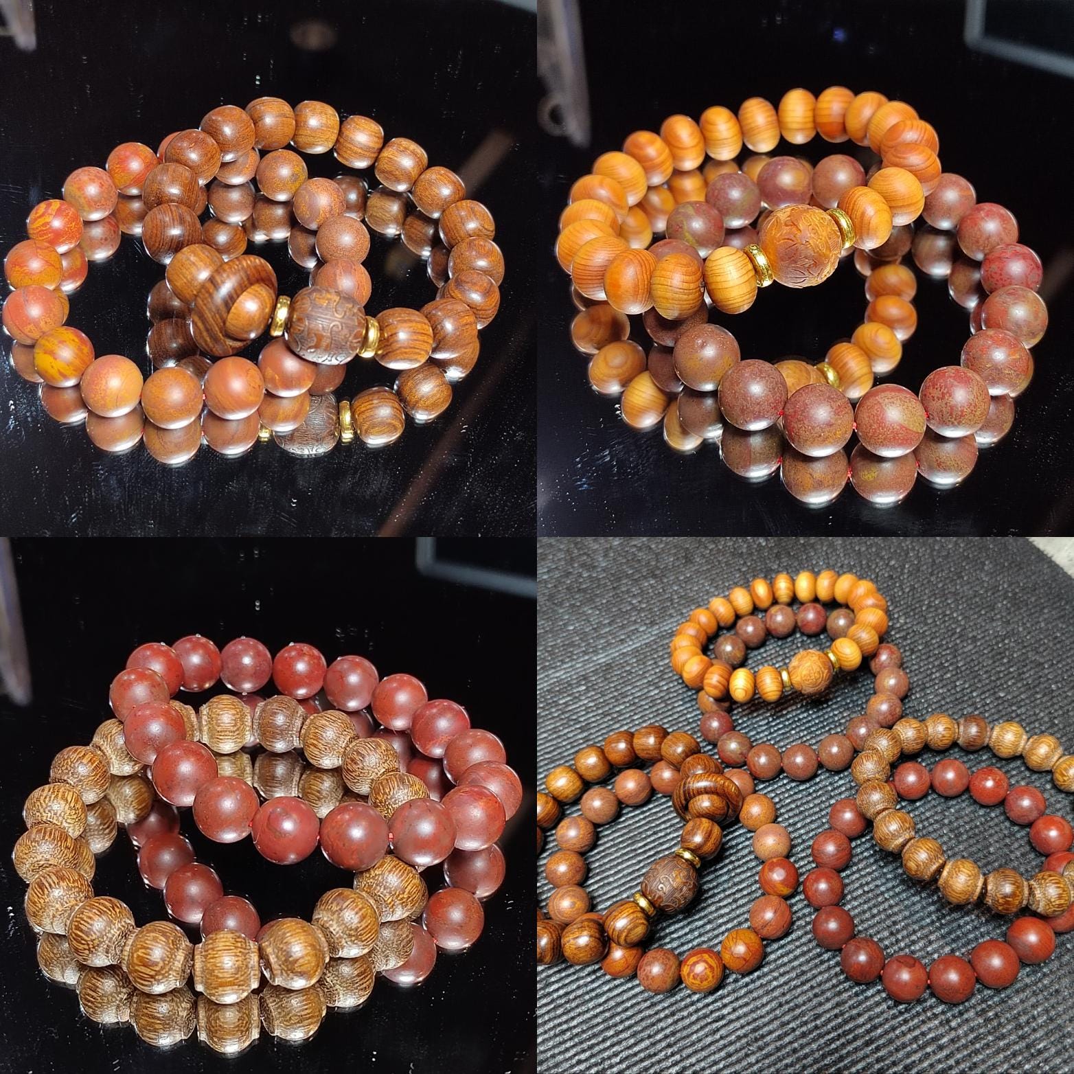 2pcs Set Unisex Natural Wood & Aromatic Bead Bracelets | Ebony Thuja with South Red Agate Accent | Handmade Gift for Him or Her SL416