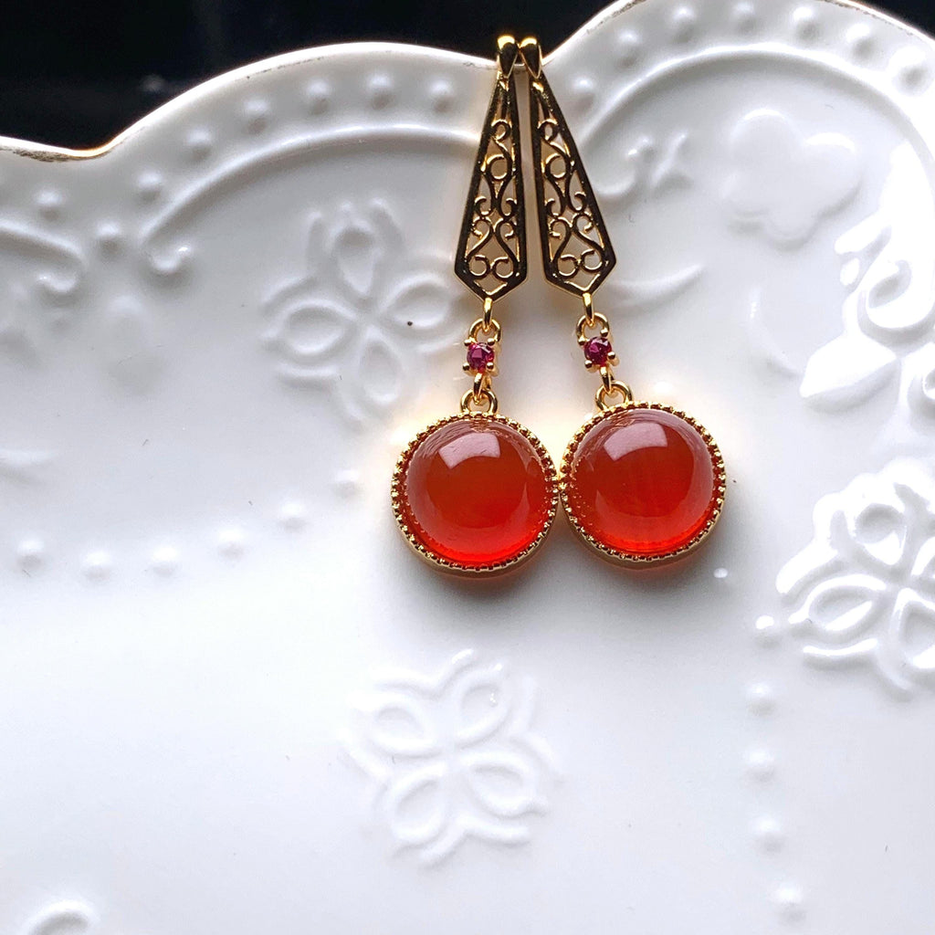 Certified Icy China Baoshan Southern Red Nanhong Agate S925 Silver Stud Dangle 中国风  古法掐丝工艺镶嵌  原矿南红冰红细长耳饰 SL261X20