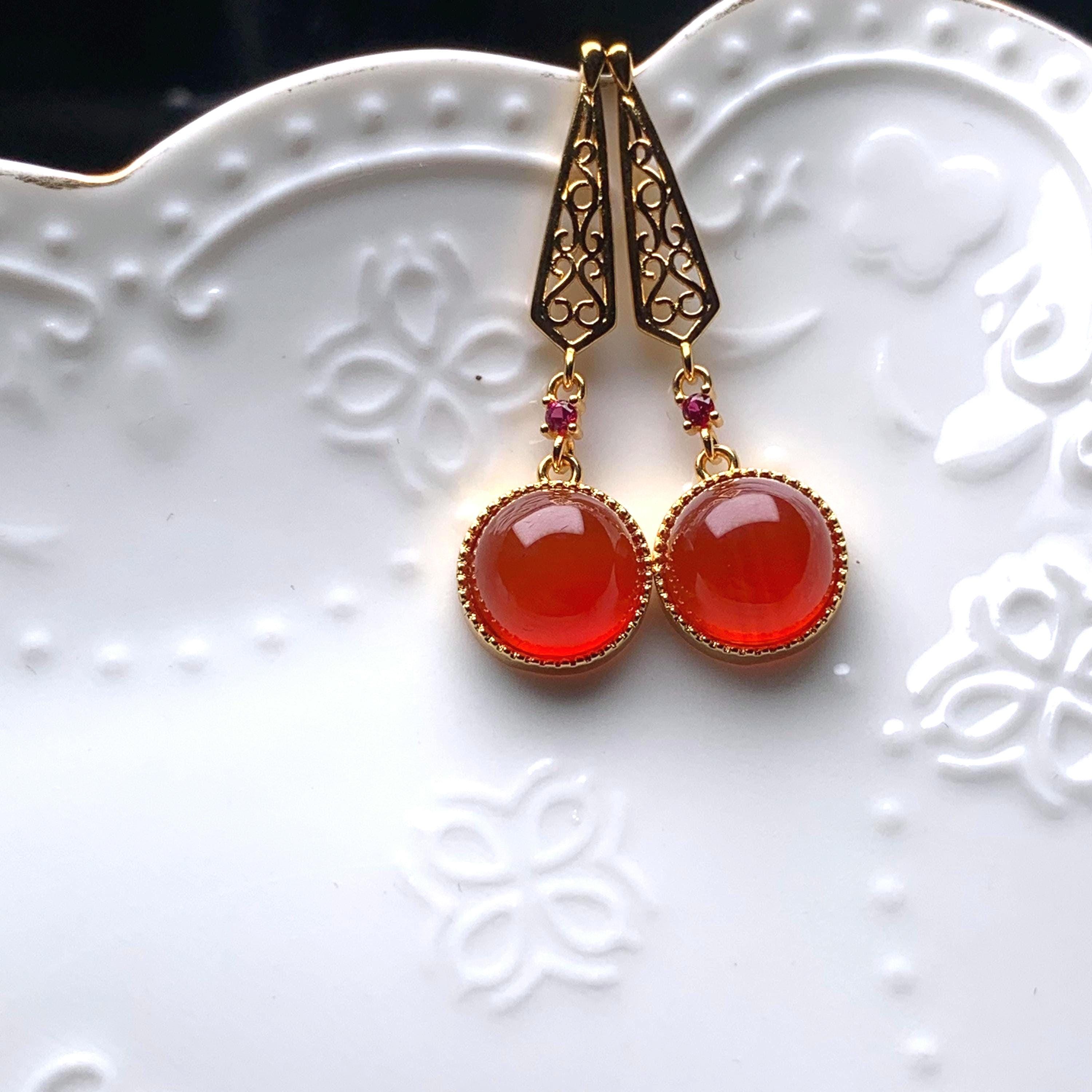 Certified Icy China Baoshan Southern Red Nanhong Agate S925 Silver Stud Dangle 中国风  古法掐丝工艺镶嵌  原矿南红冰红细长耳饰 SL261X20