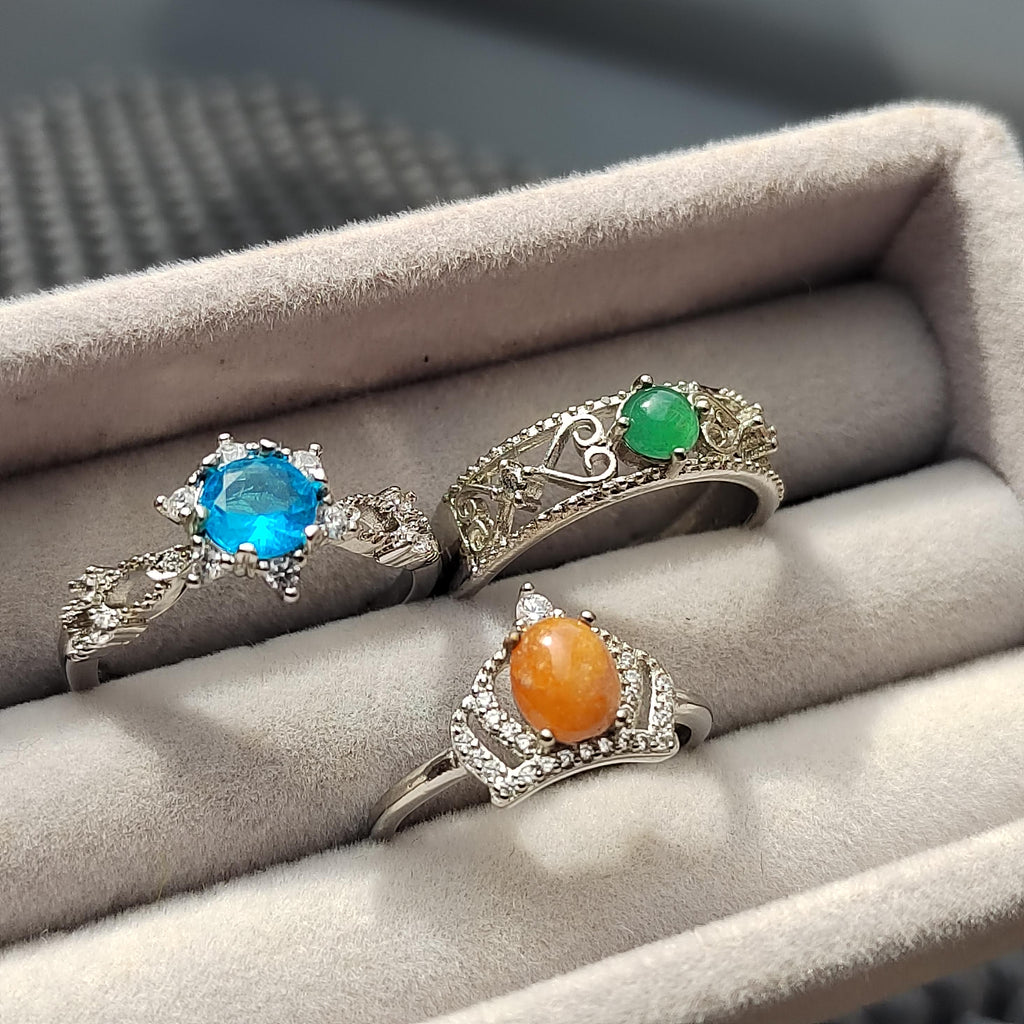 Natural Jadeite & Light Blue Topaz Ring Set | Yellow, Green, Sky Blue Stones | Gold Plated Brass | Gift Ready SL410 - SL Precious