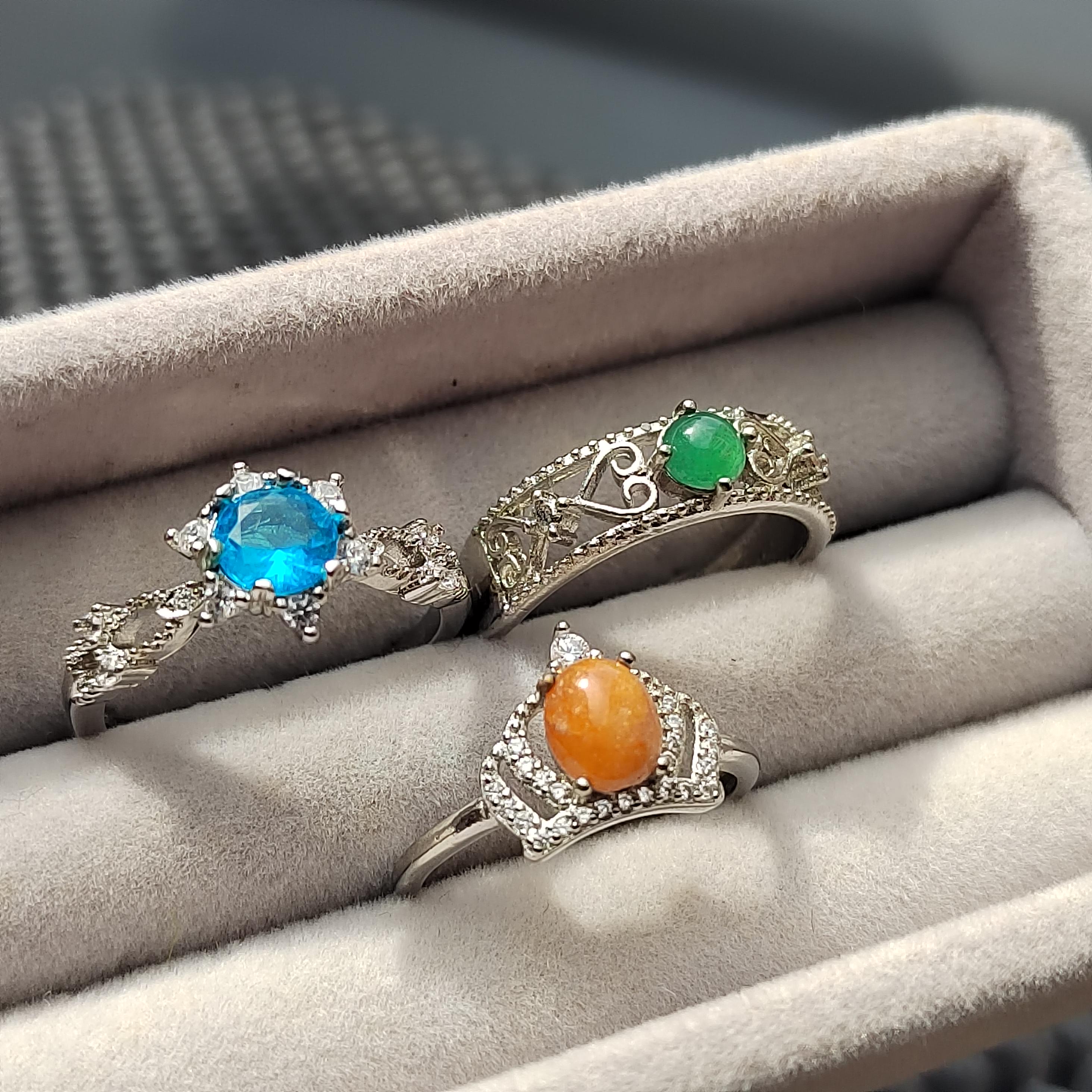 Natural Jadeite & Light Blue Topaz Ring Set | Yellow, Green, Sky Blue Stones | Gold Plated Brass | Gift Ready SL410 - SL Precious